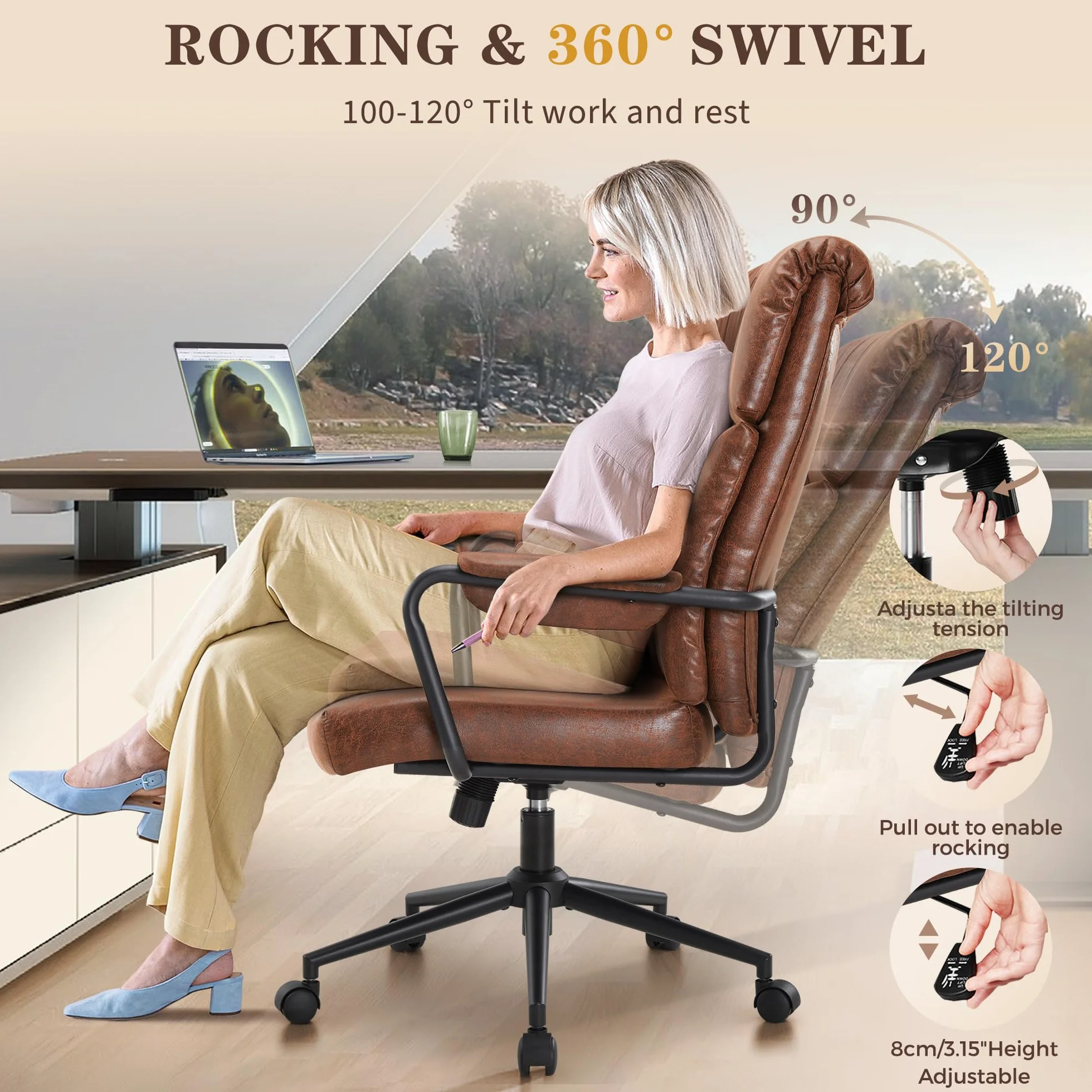 IWMH Krzesło biurowe, Ergonomiczne krzesło biurowe do gabinetu, obrotowe z podparciem lędźwiowym, wysokie oparcie, fotel szefa z regulacją wysokości, krzesło komputerowe do biura, salonu, sypialni