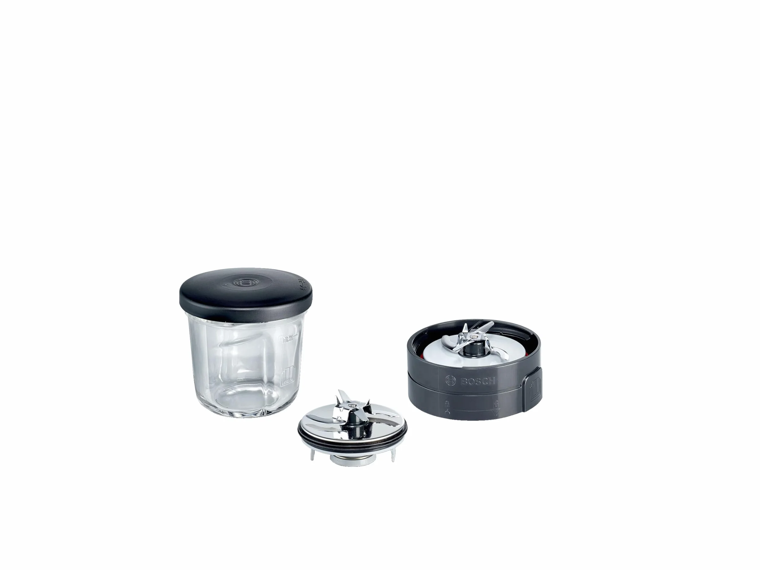 Bosch Zestaw rozdrabniaczy MUZ45XCG1 3 w 1, wielofunkcyjny zestaw rozdrabniarek, szklany pojemnik, nóż do siekania, nóż do miksowania, czarny, do MUMX, MUM5, MUM4, MUM seria 2
