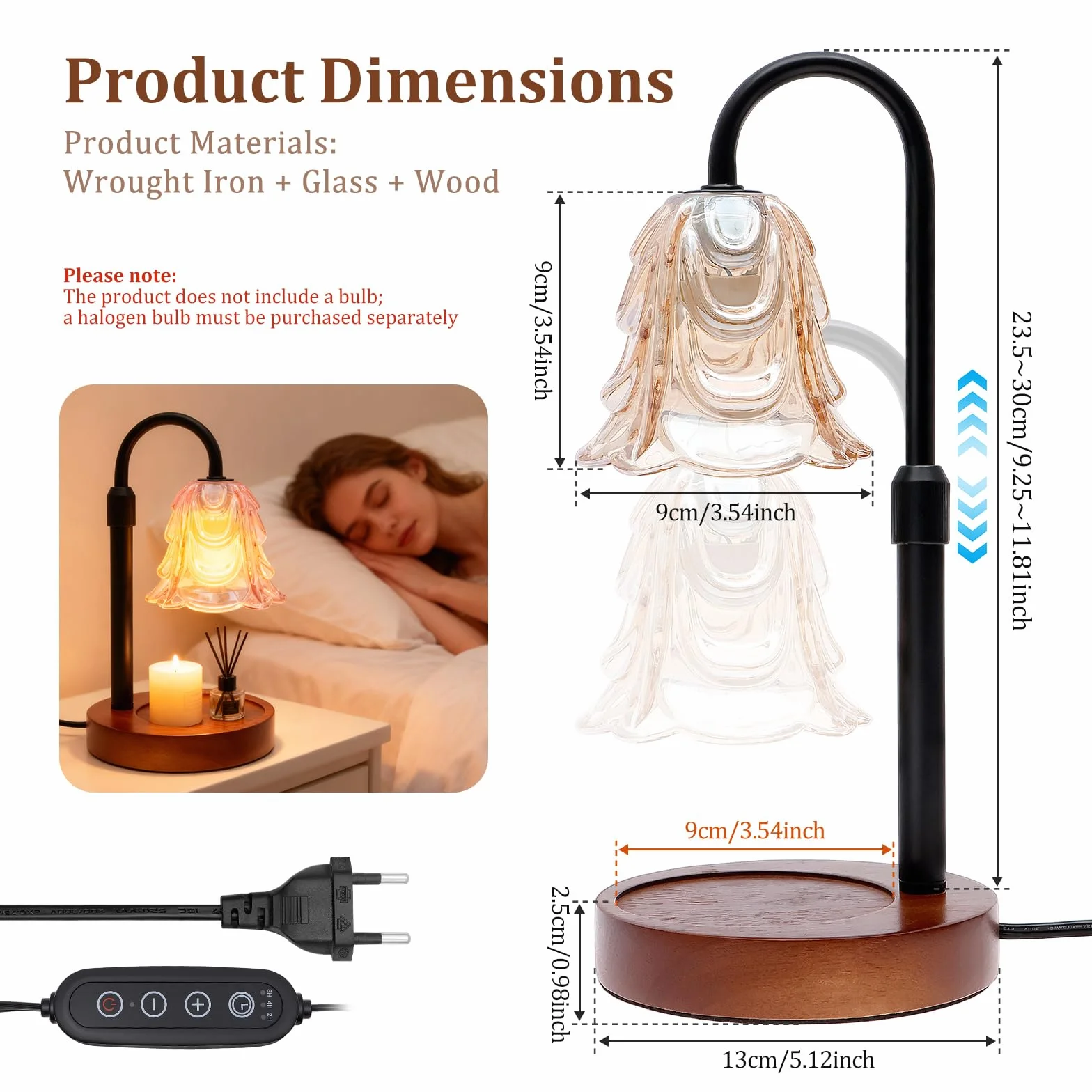 Lampa podgrzewacz do świec, Candle Warmer z timerem i ściemniaczem, 4-stopniowo ściemniana, regulowana wysokość, lampa zapachowa do olejków eterycznych, do domu, sypialni, dekoracji, bez lampy