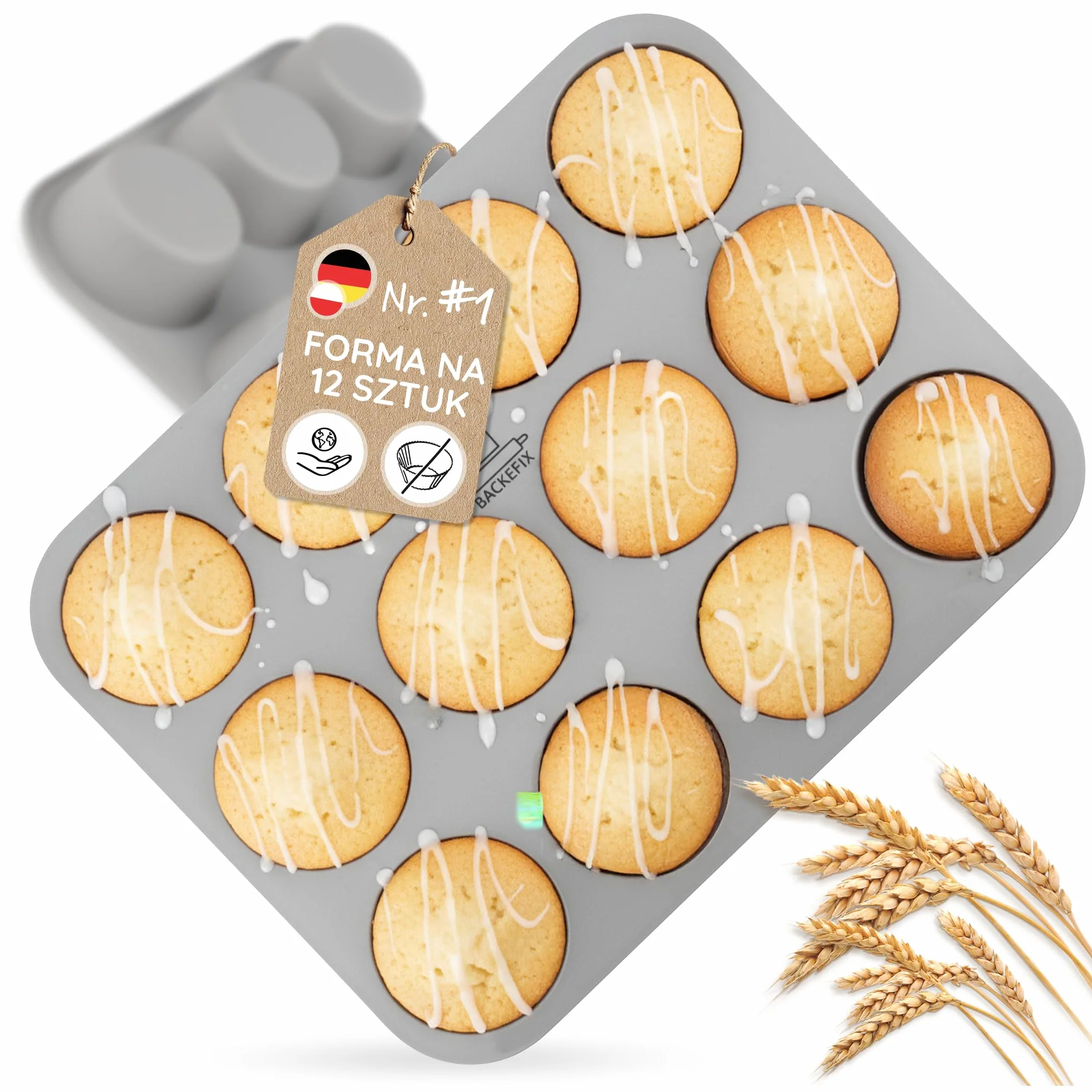 Backefix elastyczna silikonowa forma do muffinek (12 szt.) – forma na muffiny z platynowego silikonu, nieprzywierająca, do zmywarki, bez BPA i PFAS, dla równomiernych muffinów, babeczek i cupcakes