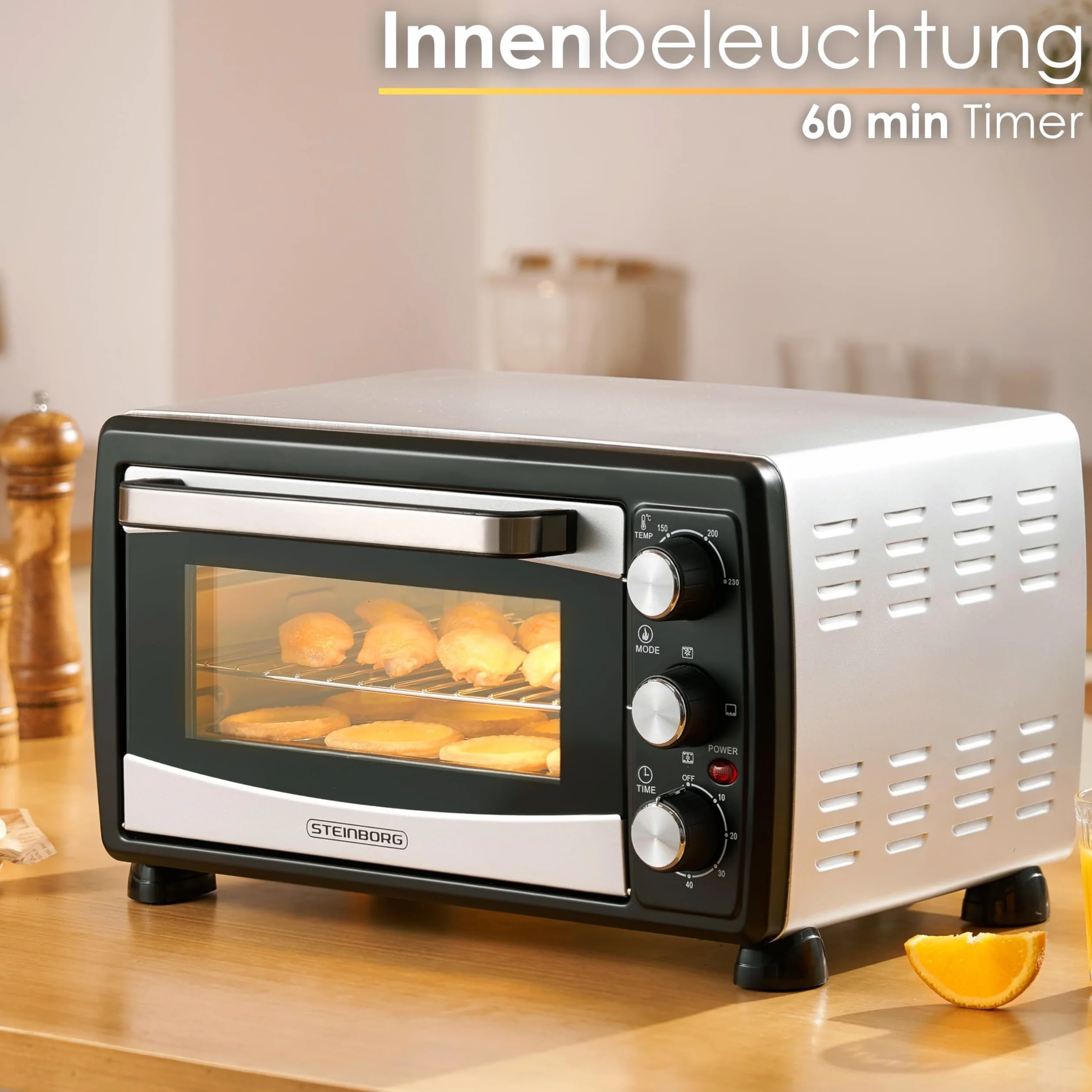 Mini piekarnik 20 l, piec do pizzy, mini piekarnik 3 w 1, z termoobiegiem, wyjmowana blacha na okruchy, 1400 W, grzanie górne/dolne, stal nierdzewna, timer 60 min
