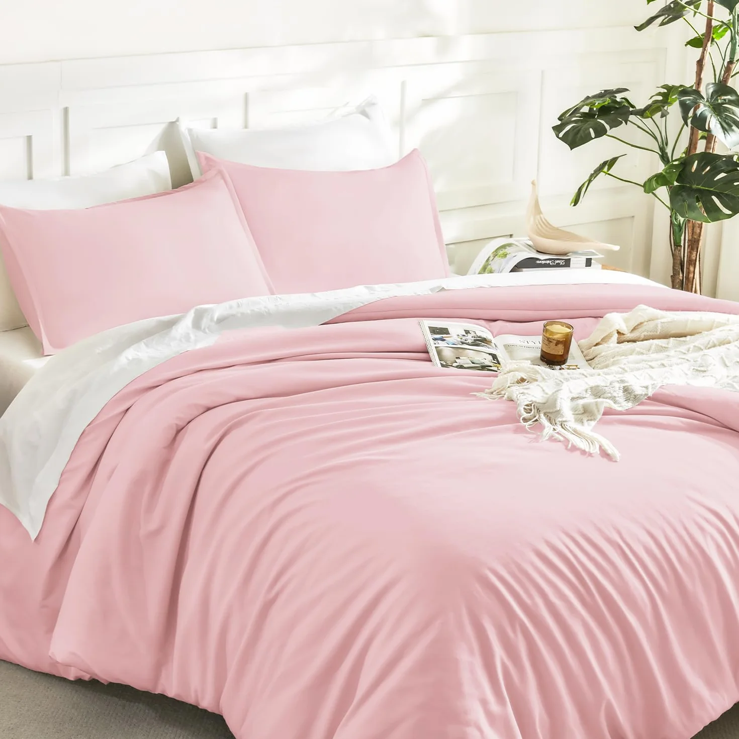 Litanika 3-częściowy komplet pościeli w rozmiarze full size, lekki, uroczy, miękki, jednolity zestaw pościeli całorocznej (kołdra 200 x 229 cm i 2 poszewki na poduszkę), różowy