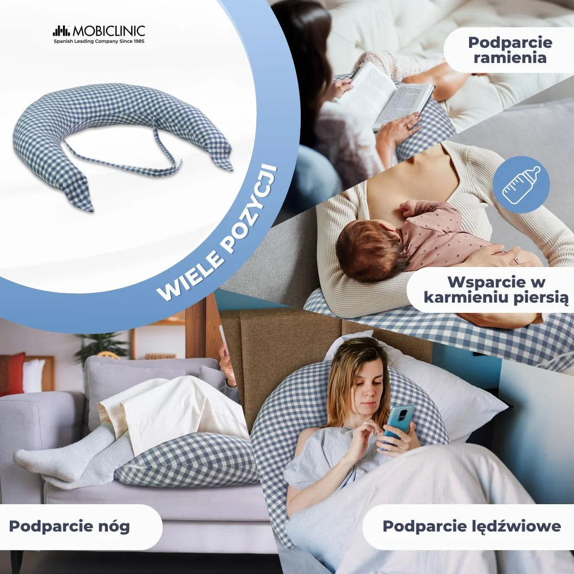 Mobiclinic®, Poduszka do Karmienia Piersią XXL, 3 w 1, Poszewka 100% Bawełny, 150 Cm, Regulowane Paski, Wielofunkcyjna, Aura, Zdejmowana i Nadająca się do Prania, Wielopozycyjna, Nadruk Vichy