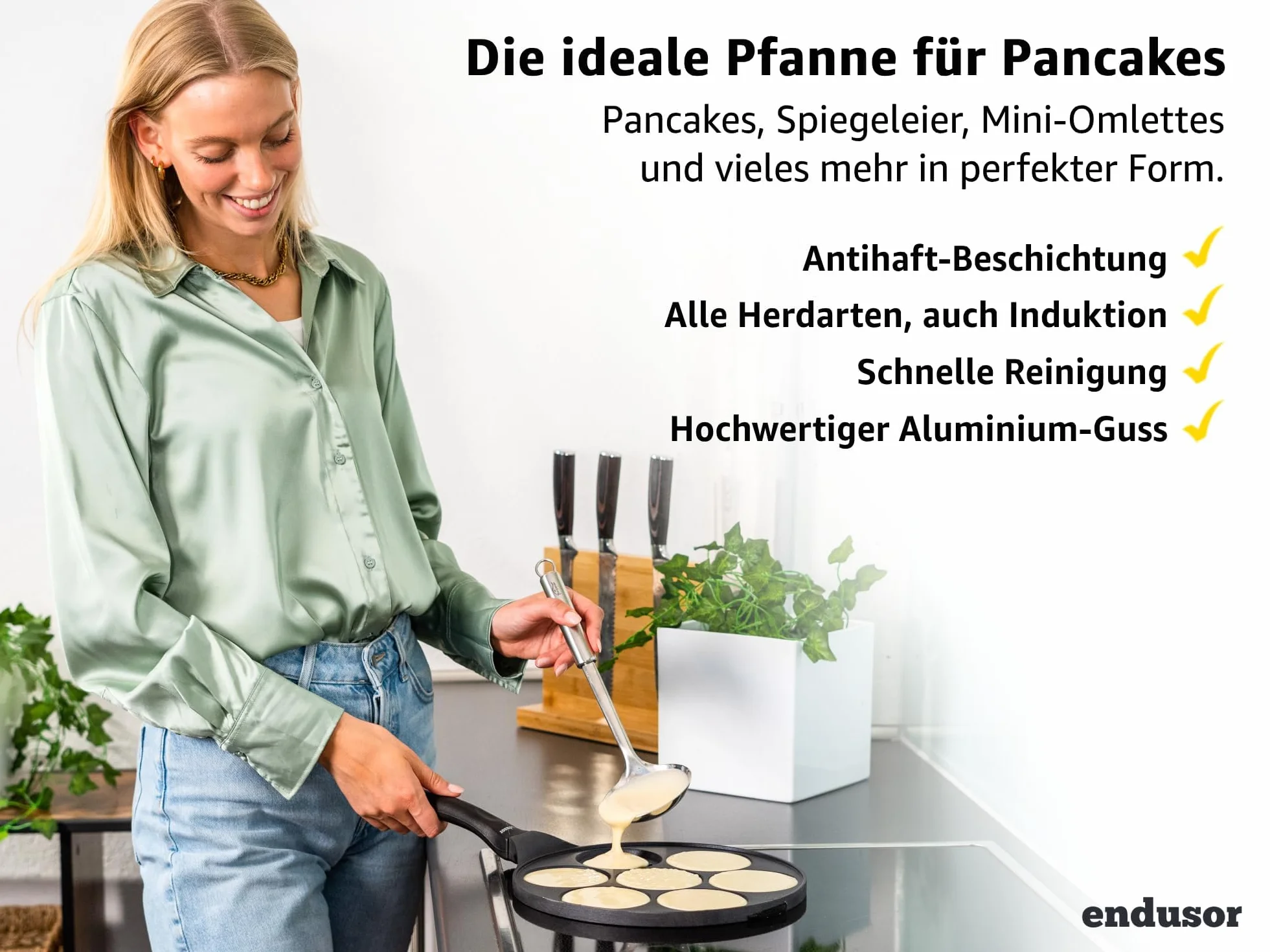 endusor Patelnia do naleśników indukcyjnych – patelnia do jajek sadzonych Ø 26 cm z potrójną powłoką PowerShield. Do wszystkich rodzajów kuchenek: indukcyjnych ceramicznych gazów elektrycznych