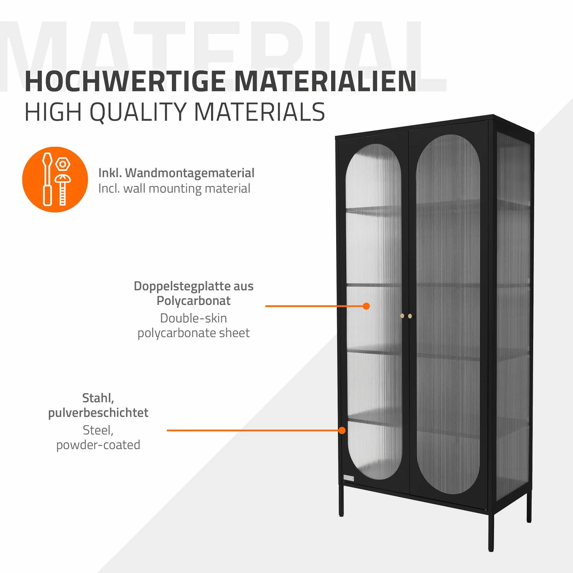 ML-Design Witryna 80x175x40 cm czarna z 5 pólkami i schowkami 2 drzwiami Metalowa szafka do salonu ze stali w stylu industrialnym wysoka idealna na ksiazki dokumenty lub jako szafka podlogowa