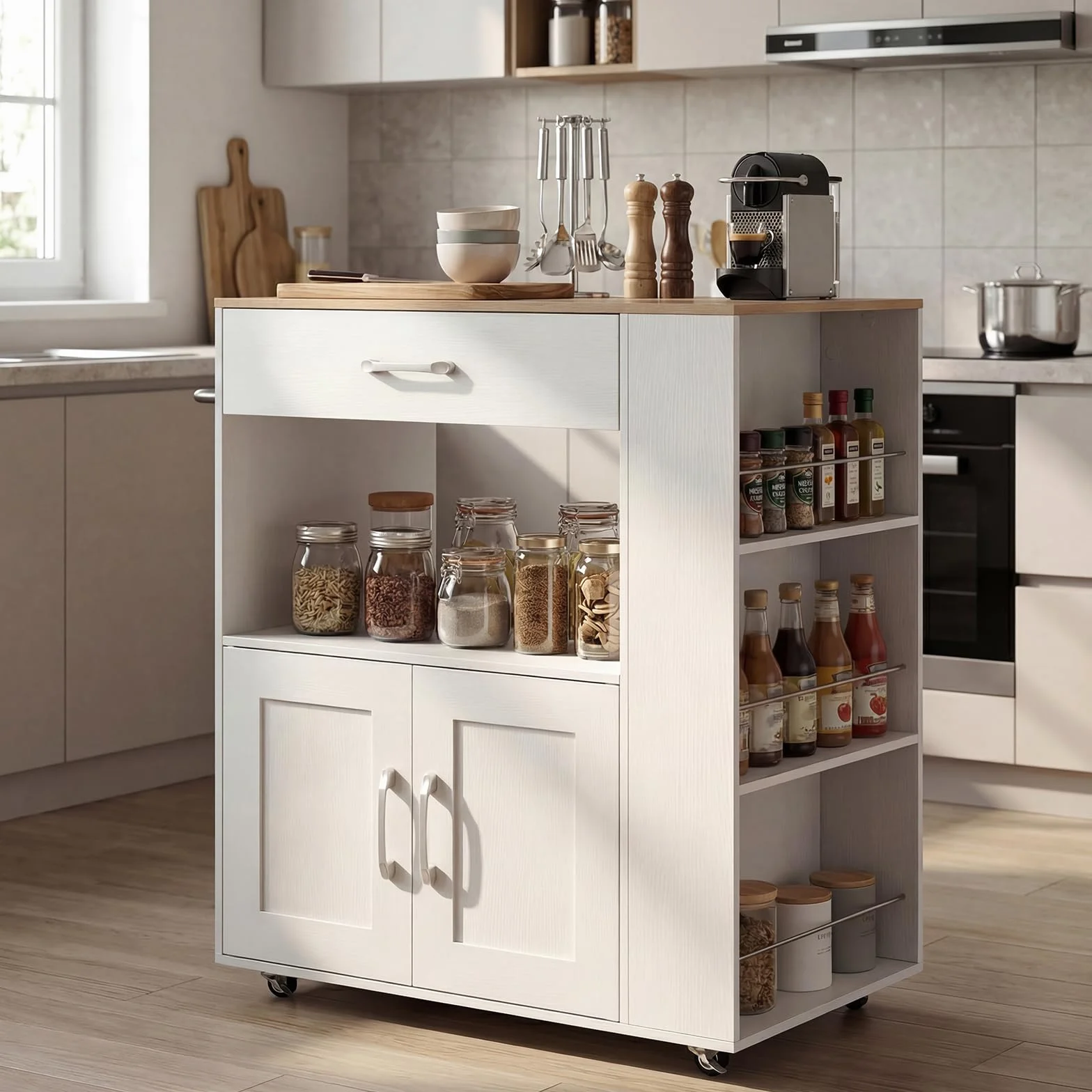 GIANTEX NF88624 Wózek kuchenny na kółkach z blatem roboczym, szufladą i 3 półkami, biały