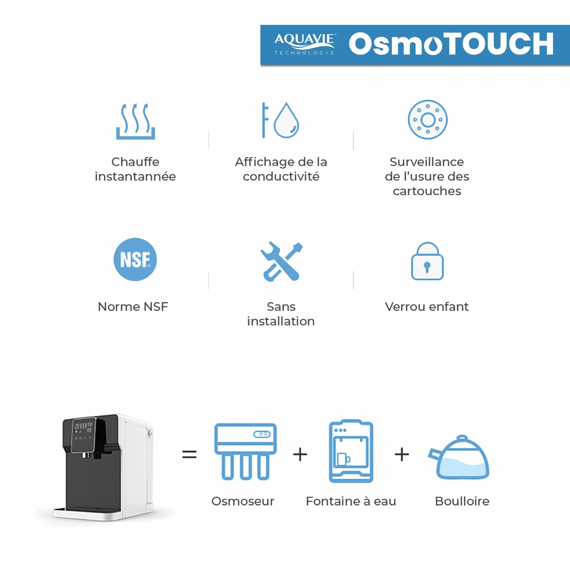 OsmoTOUCH - Fontanna na wodę oczyszczoną z odwróconej osmozy i sterylizacji - natychmiastowy dozownik ciepłej i ciepłej wody - zbiornik 4,5 l