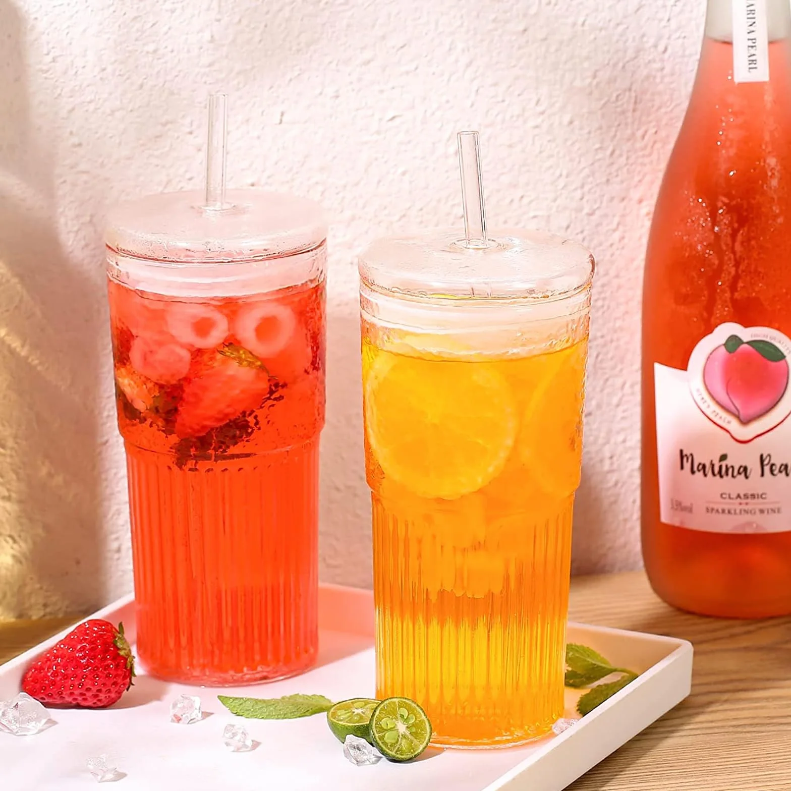 DAZZTIME 2 Przezroczyste Szklane Kubki na Wodę W Paski, Z Pokrywką i Słomką, Żłobione Do Longdrinków, Herbaty Bąbelkowej, Mrożonej Kawy, Soku