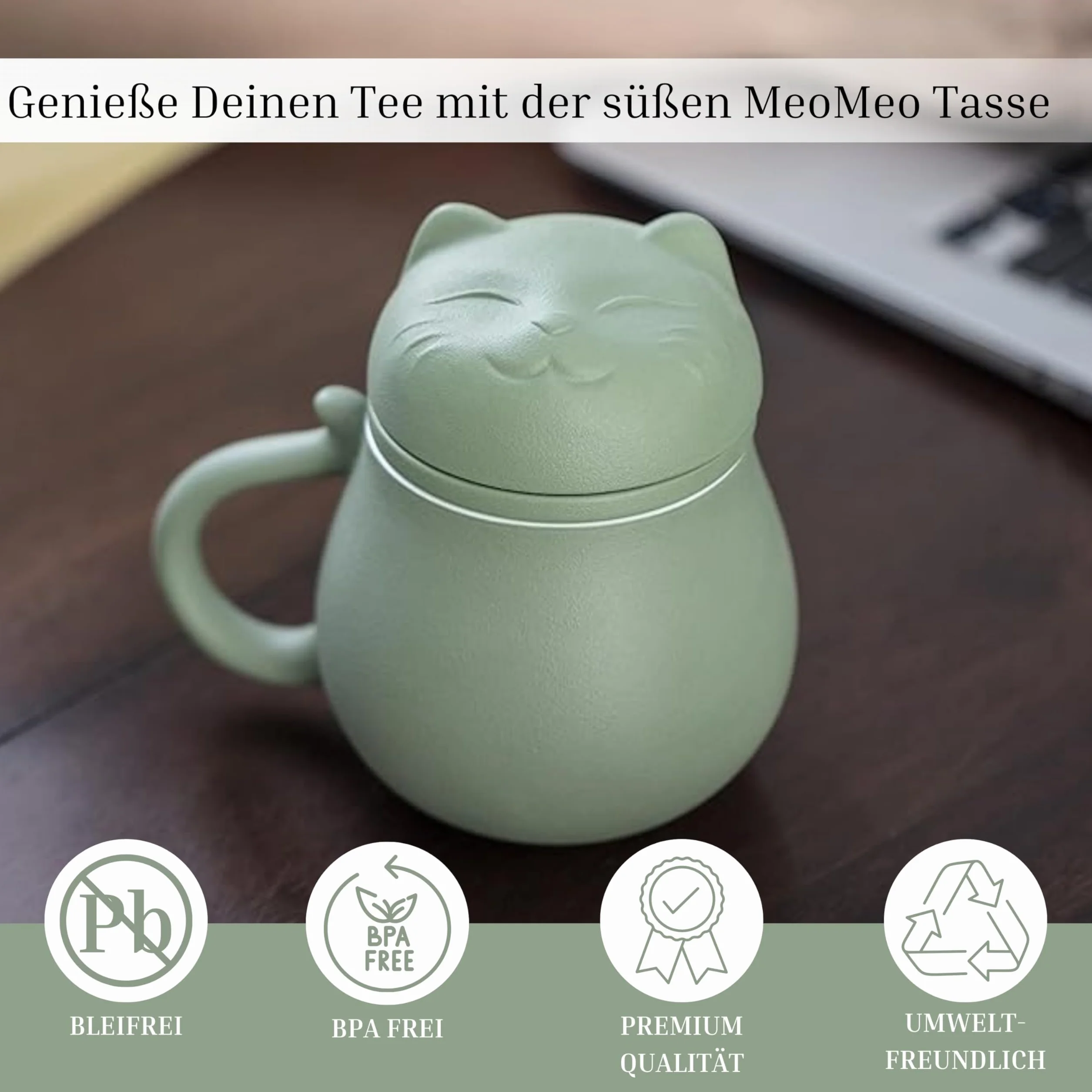 Ceramiczna filiżanka do herbaty, 400 ml, kompletny zestaw z pokrywką i sitkiem, wzór kota, na luźne liście i zioła, praktyczny prezent dla rodziny - zielony