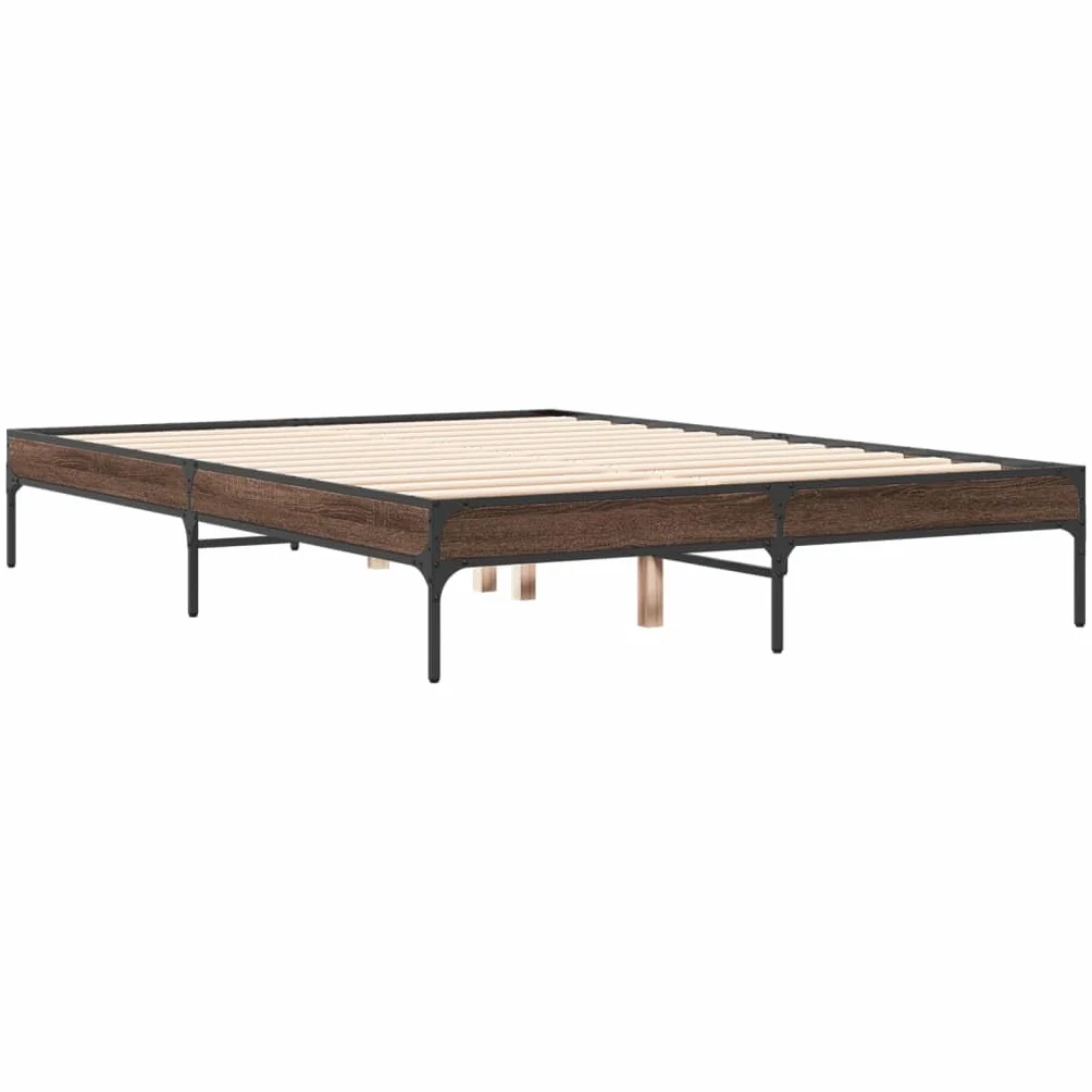 Rama łóżka, łóżko rodzinne, łóżko podwójne, meble do sypialni, rama łóżka, brązowa, imitacja dębu, 135 x 190 cm, materiał drewnopochodny metal