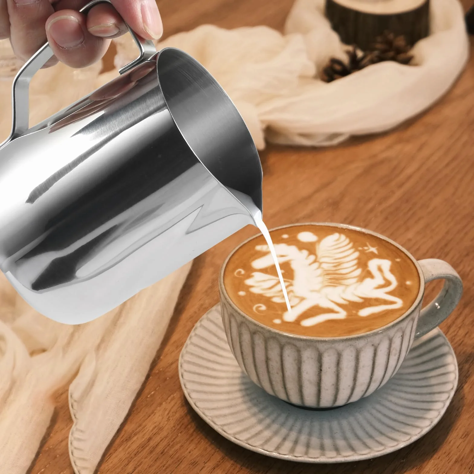Zestaw do Latte Art - Kubek do Kawy 350ml z Dziubkiem i Ig do Latte Art, Zestaw 2 szt., atwe Czyszczenie, Dok adna Kontrola Miary, Polerowana Powierzchnia
