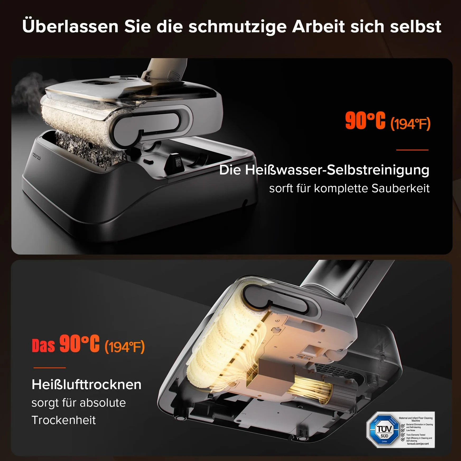 roborock Odkurzacz F25 GT, kompletny odkurzacz podłogowy 20 kPa, bezprzewodowy odkurzacz Prać w temperaturze 90°C, odchylany do 180°, czyszczenie z dwóch krawędzi, samoczyszczenie ciepłą wodą i
