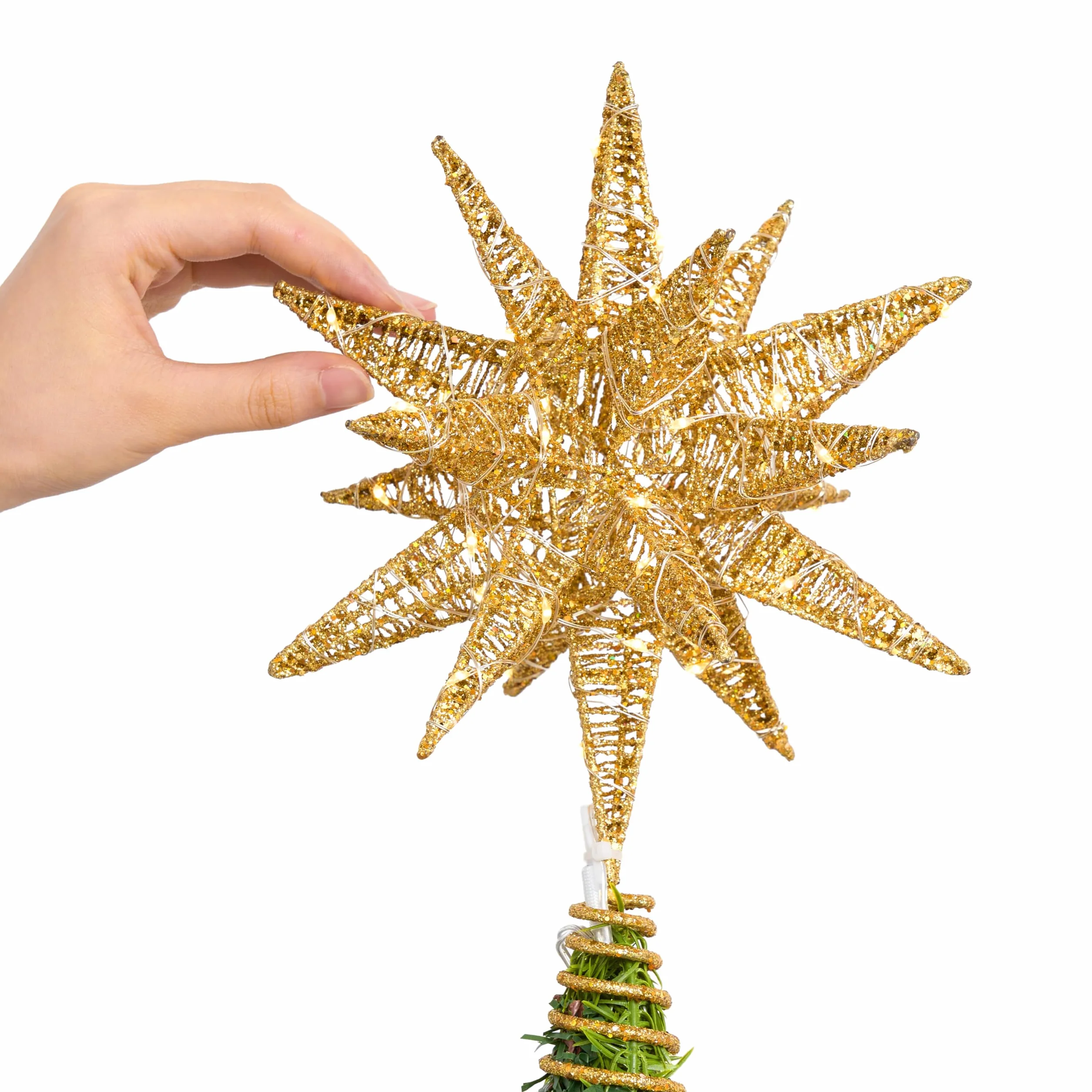 JOIEDOMI 28 cm metalowy brokat 3D gwiazda, Boże Narodzenie, złota ozdoba na choinkę, ciepła biel, 36 diod LED, z wtyczką i timerem, ozdoba na choinkę, ozdoby, dekoracje choinkowe, dom, wakacje