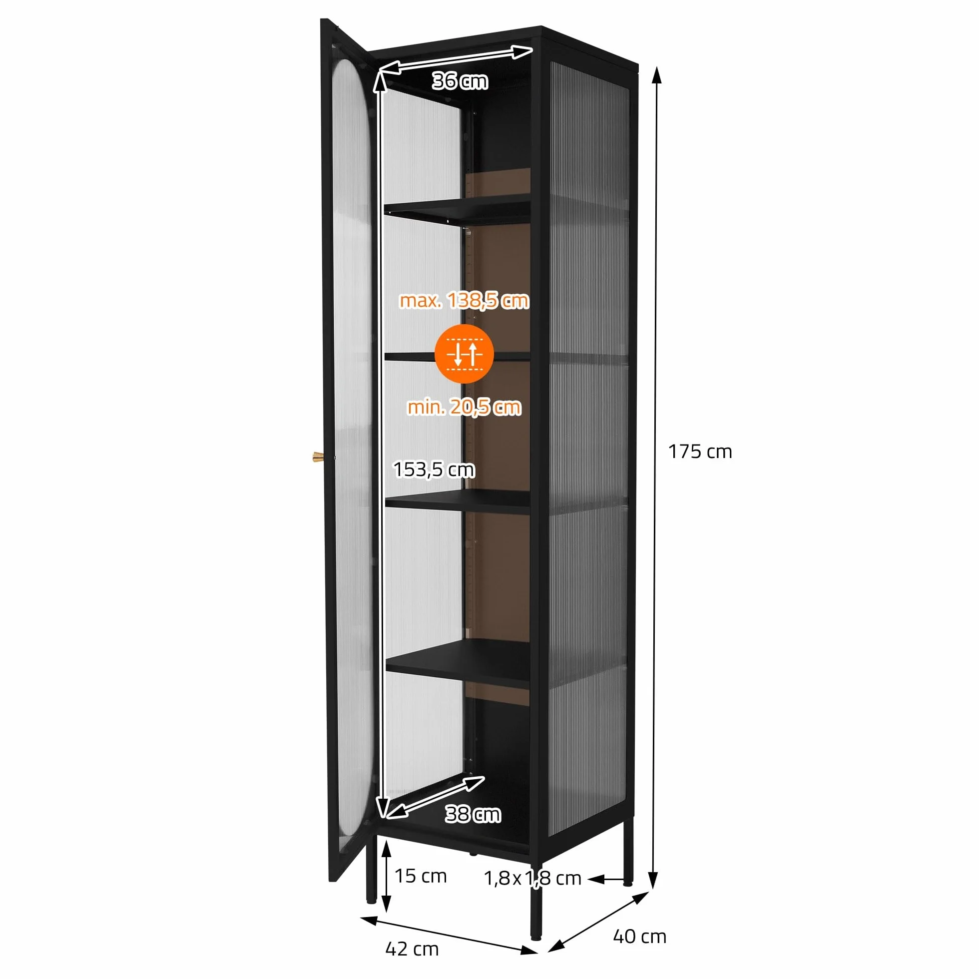 Gablota metalowa 42x175x40 cm czarna wąska z 5 półkami i drzwiami industrialna szafka na dokumenty