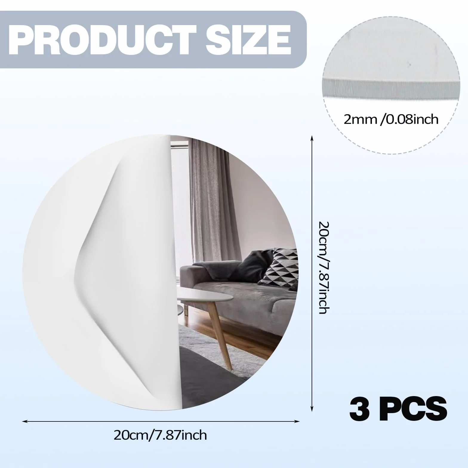 VOSSOT 3 sztuki okrągłe lustro samoprzylepne, 20 cm akrylowe lustro prysznicowe, płytki lustrzane samoprzylepne do łazienki, salonu, szklane lustro do naklejania, lustro ścienne do sypialni okrągłe