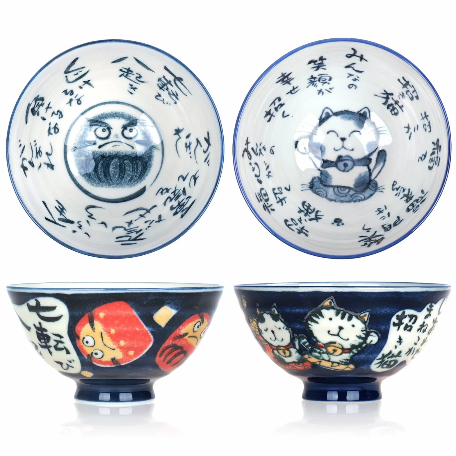 CoolChange Japońska miska na ryż Daruma i kot szczęścia | ręcznie malowana z porcelany | 2 szt. | miski ceramiczne | azjatyckie miseczki do jedzenia | 12 cm | nadaje się do kuchenki mikrofalowej i