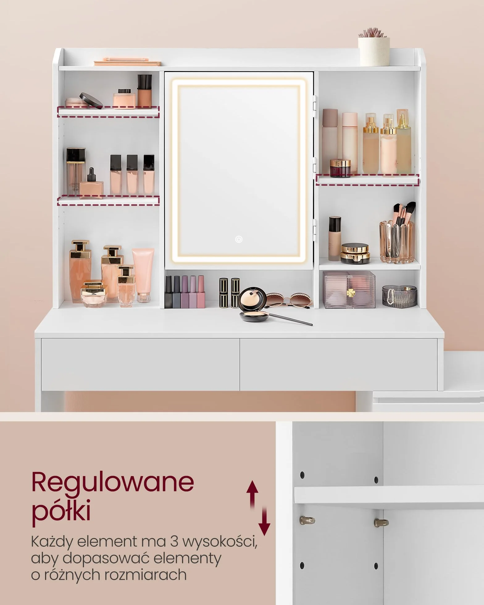 VASAGLE Kolekcja KAILYN - Toaletka z oświetleniem LED, 40 x 118,3 x 145 cm, toaletka z lustrem, toaletka kosmetyczna z szufladami, regulowane półki, nowoczesna, kolor biały chmurowy RDT624WB01