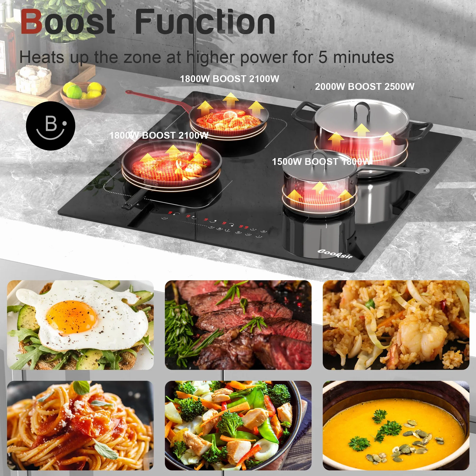 Płyta indukcyjna z wtyczką, Cooksir Płyta Indukcyjna 4 płyty, Wbudowana 60CM, Elastyczna Połączona Strefa, Płyta Kuchenna Autonomiczna, 3500Wat, 220V, 50Hz, wtyczka 16A