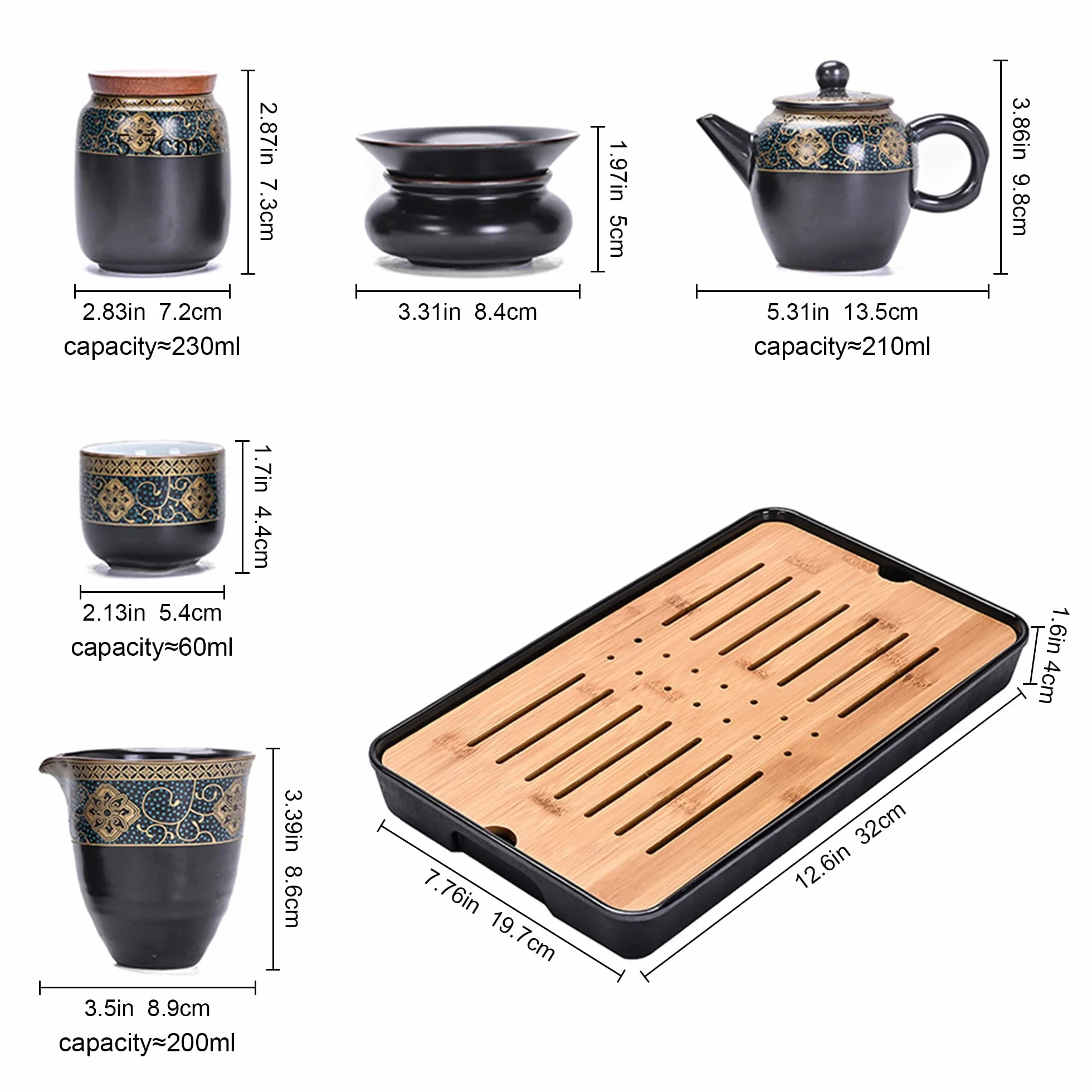 fanquare Chiński złoty ceramiczny zestaw do herbaty Kung Fu, japoński podróżny zestaw do herbaty z tacą, z torbą podróżną, czarny czajniczek do herbaty, zaparzacz