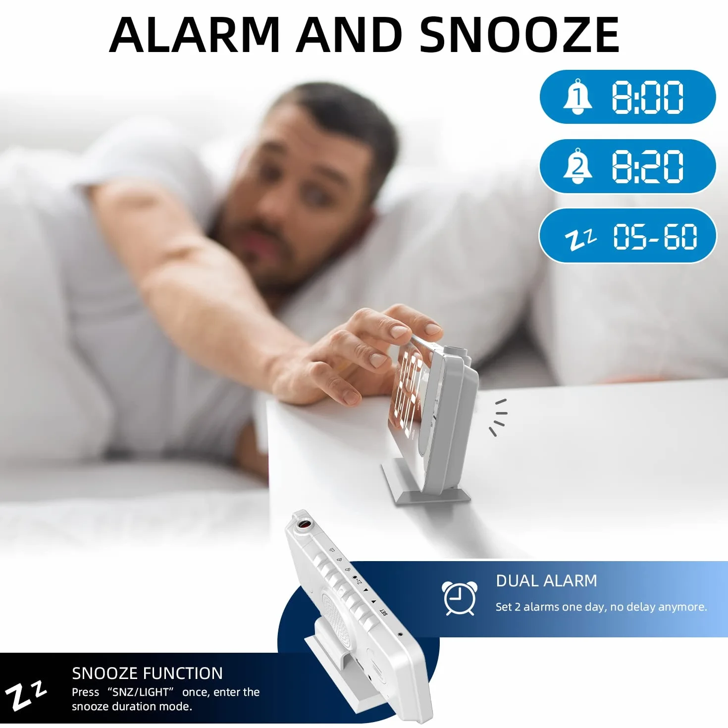 Budzik z projektorem na ścianę, podwójny alarm, LED, 12/24 h, 4 poziomy jasności, port USB, biały