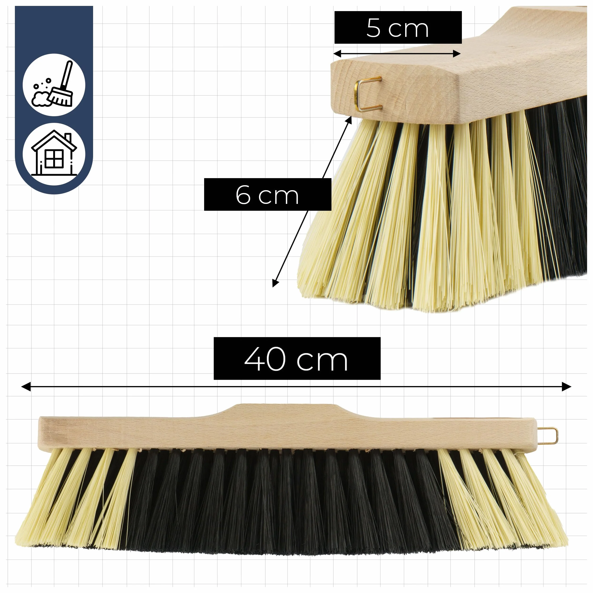 Miotła z Włosia PCV Głowica miotły 40cm Zamiatacz Szczotka do Każdej Powierzchni Oprawa Drewniana Miotła Bez Kija Otwór 1,5cm Odporny na Zniekształcenia i Warunki Atmosferyczne Materiał