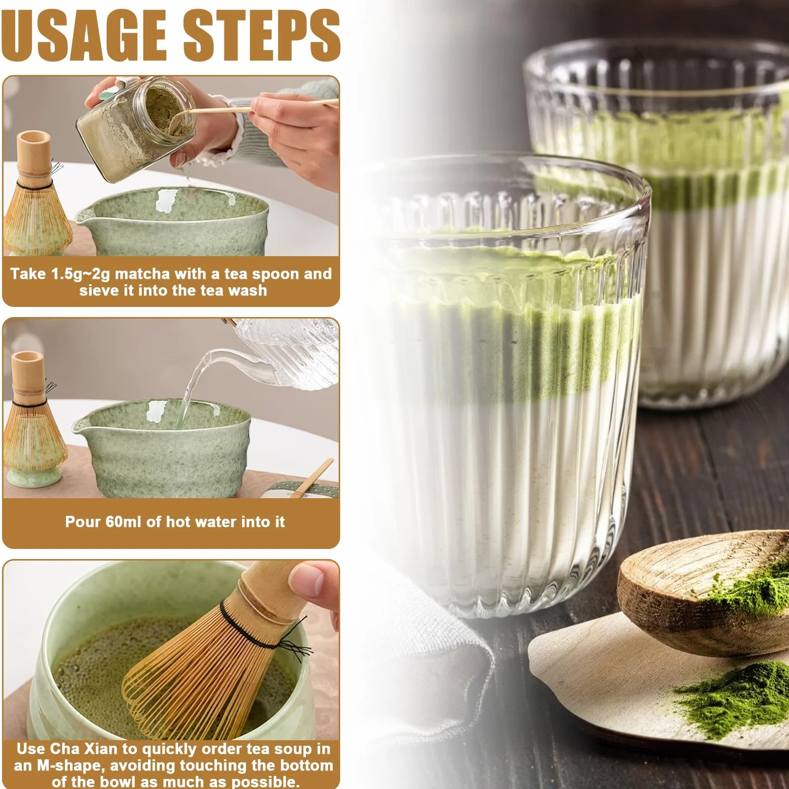 Ceramiczny zestaw matcha (miotła, miska z wylewką, trzepaczka i łopata)