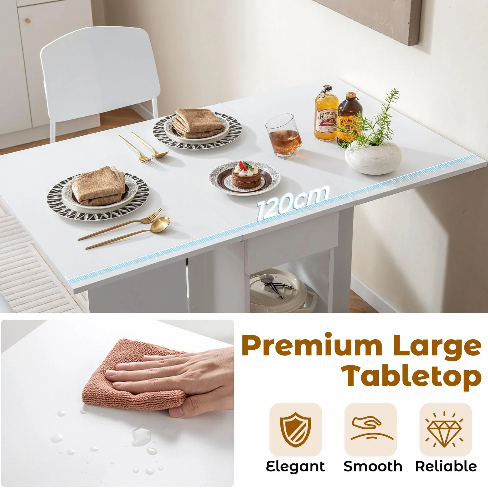 GIANTEX Mobilny Stół Kuchenny Składany Drewniany z 2 Kółkami 1 Szufladą 2 Półkami
