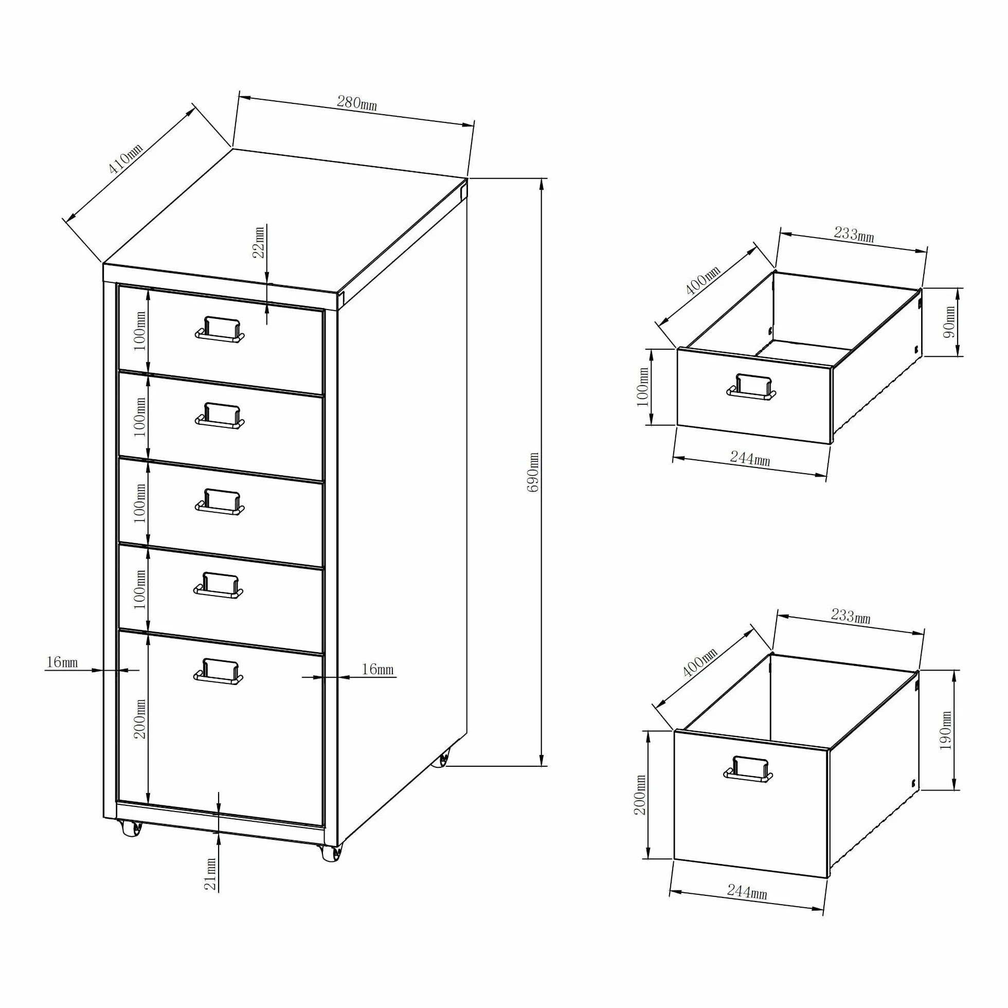 [en.casa] Kontener na kółkach Kökar szafka z szufladami metalowa szafka na akta z 5 szufladami wózek biurowy z kółkami do gabinetu 69 x 28 x 41 cm fioletowy