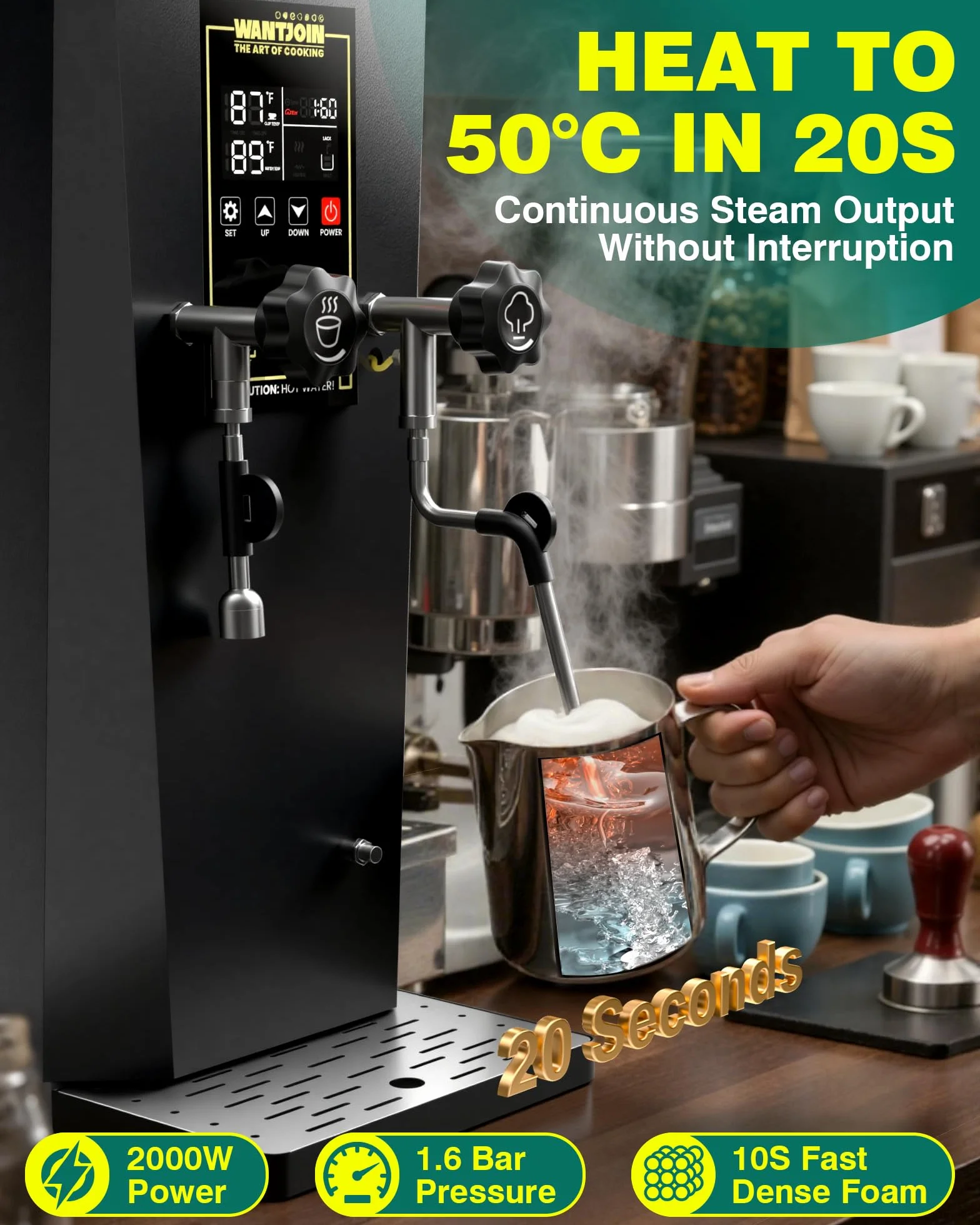 WantJoin - Komercyjny spieniacz do mleka 2000 W i podgrzewacz do napojów, profesjonalny ekspres do mleka z wyświetlaczem LED do mleka, cappuccino, kawy, gorącej czekolady i herbaty