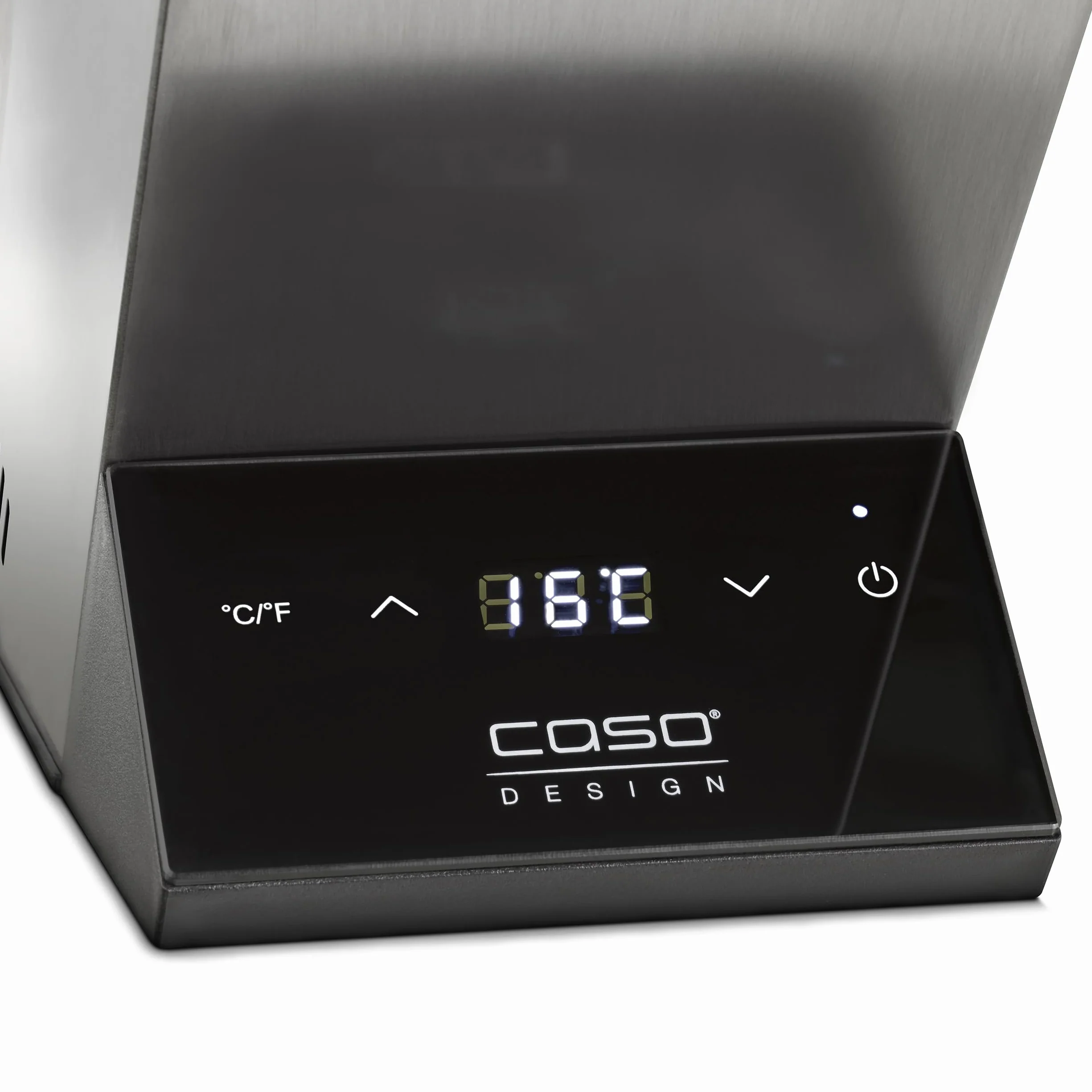 CASO WineCase One Inox - designerska chłodziarka do wina na jedną butelkę, zakres temperatur od 5 do 18°C, do butelek o średnicy do 9 cm, obsługa czujnikowa, obudowa ze stali nierdzewnej, mała