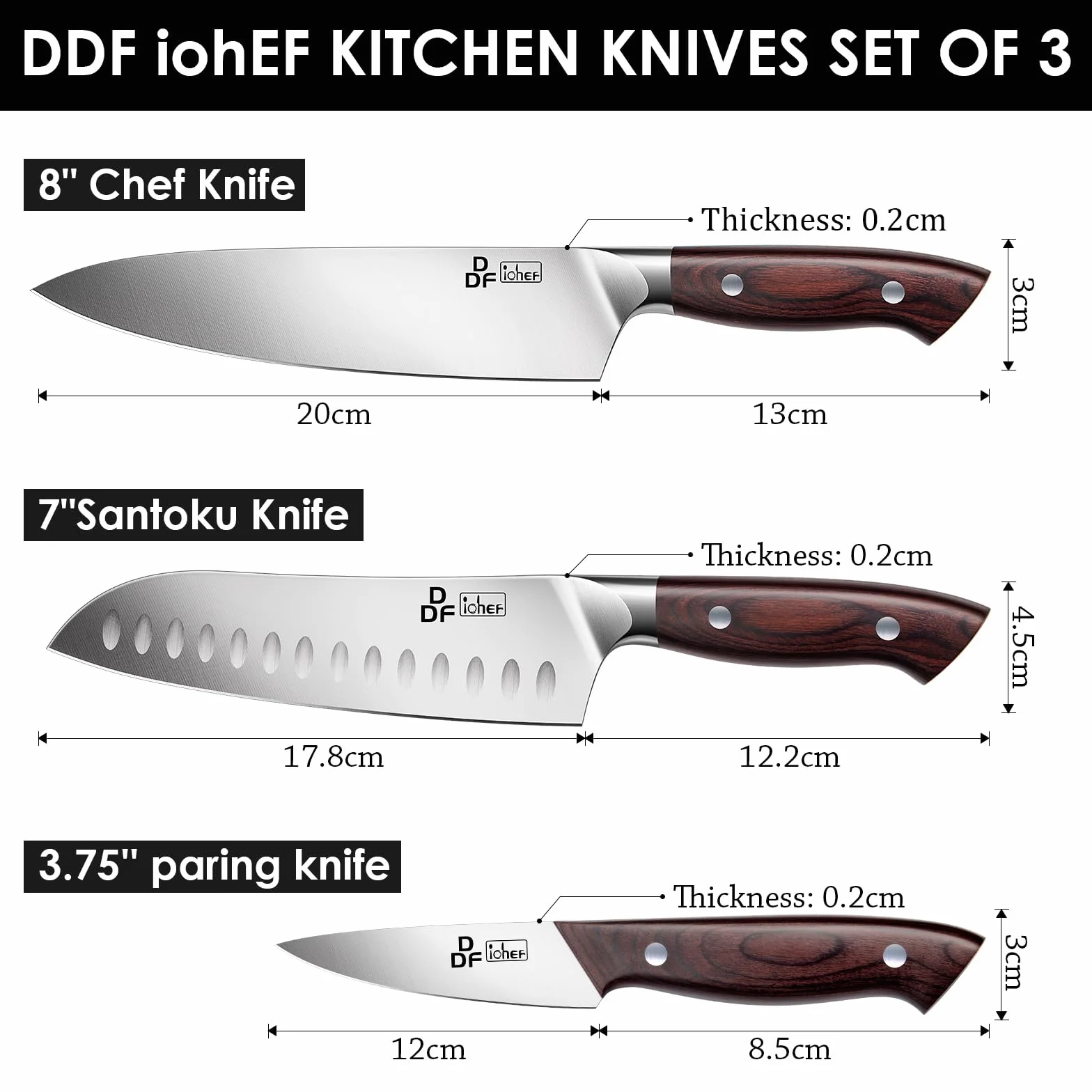 DDF iohEF Zestaw noży kuchennych, 3-częściowy zestaw profesjonalnych ostrzy noży kuchennych, nóż Santoku, profesjonalny nóż szefa kuchni, nóż do obierania ze stali nierdzewnej