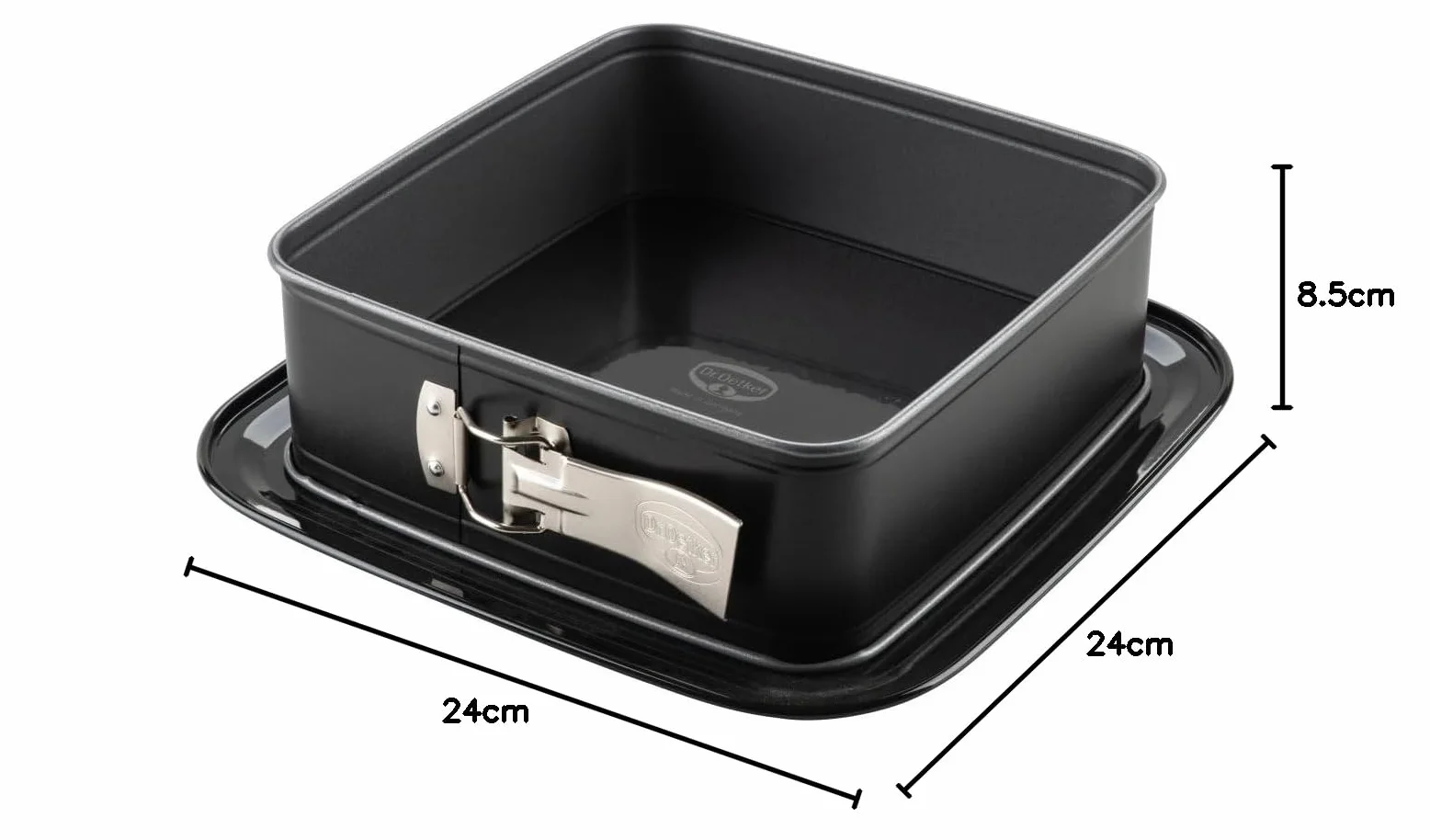 Dr. Oetker Kwadratowa tortownica z emaliowanym dnem do serwowania – idealna do ciast i tortów, 29 x 29 x 8,5 cm, nieprzywierająca, odporna na wysokie temperatury, czarna/srebrna