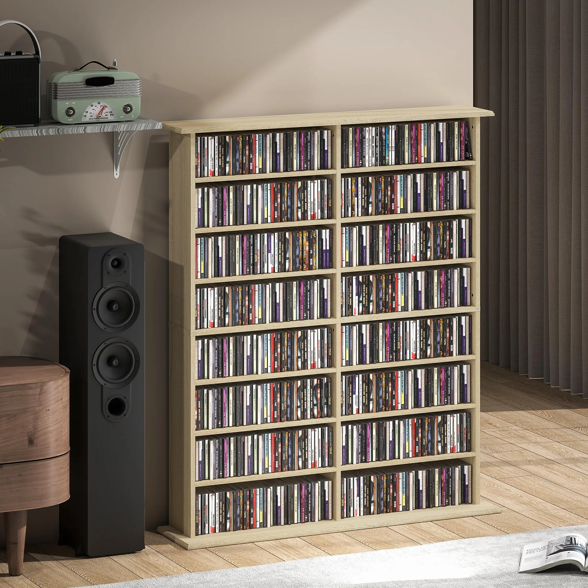 HOMCOM 720 CD/396 DVD, regał do przechowywania multimediów Blu-ray 396 z 16 przegródkami i 12 regulowanymi półkami, wieża CD do salonu, sypialni, biura, wykończenie z naturalnego drewna