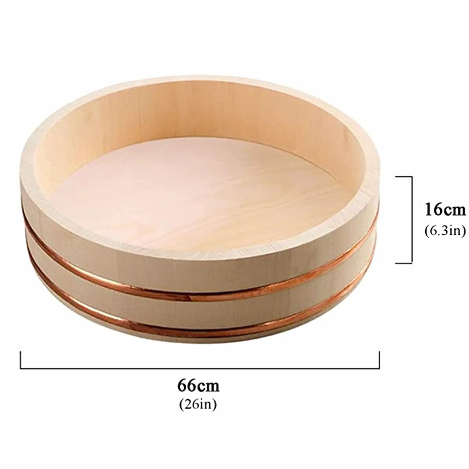 Hangiri Sushi Oke miska do mieszania ryżu, duża drewniana wanna z miedzianymi taśmami, 48 cm, idealna do chłodzenia i wchłaniania wody z ryżu
