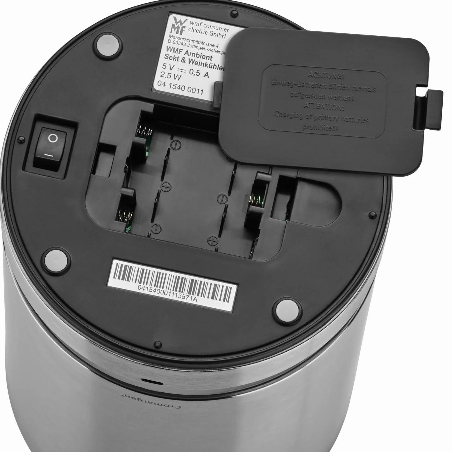 WMF Elektryczna chłodziarka do butelek otoczenia, elektryczna chłodziarka do szampana lub wina, kołnierz chłodzący, oświetlenie LED