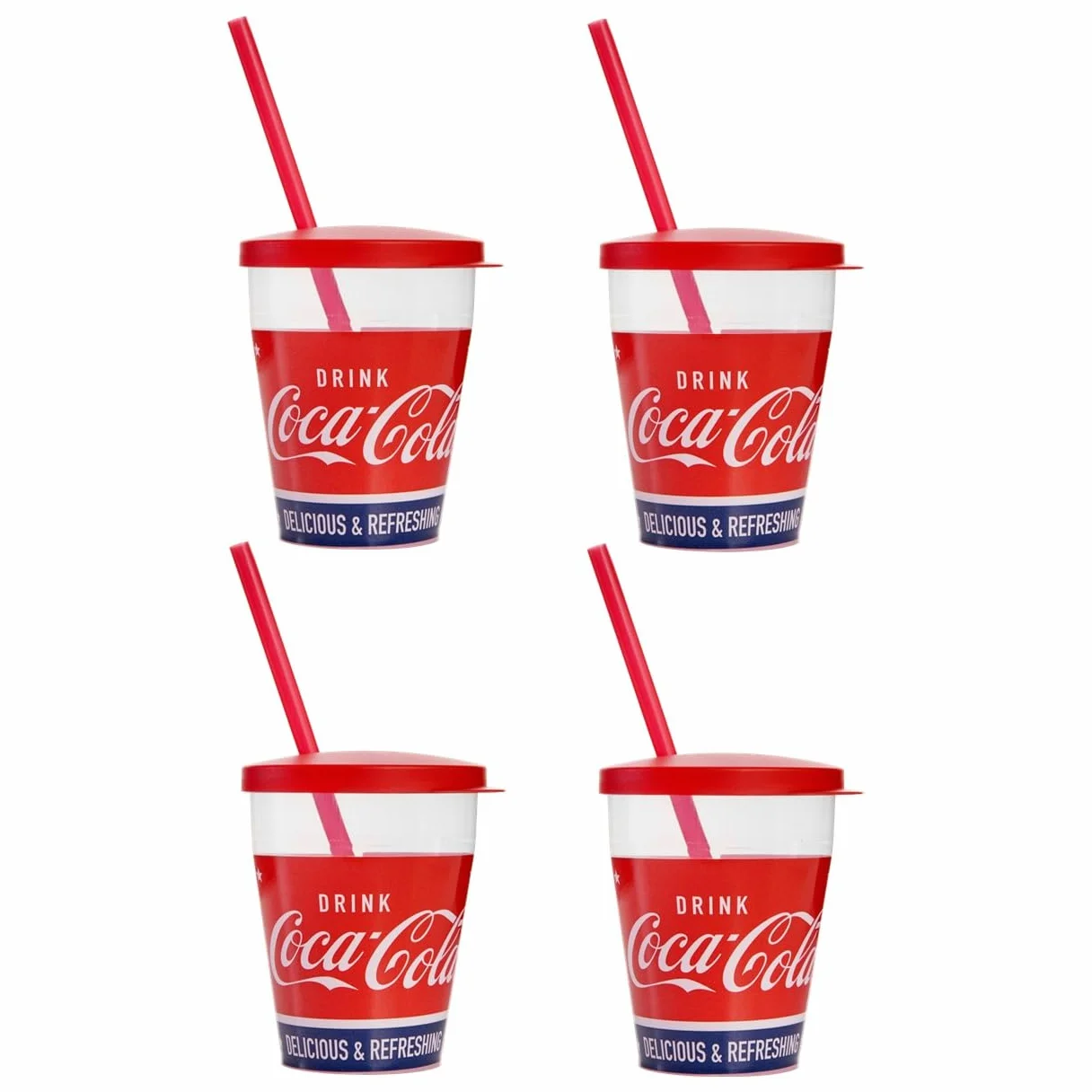 Snips, Coca-Cola szklanki ze słomką, 0,385 l, zestaw 4 szklanek z tworzywa sztucznego, ze słomką i pokrywką, wyprodukowane we Włoszech, 0% BPA