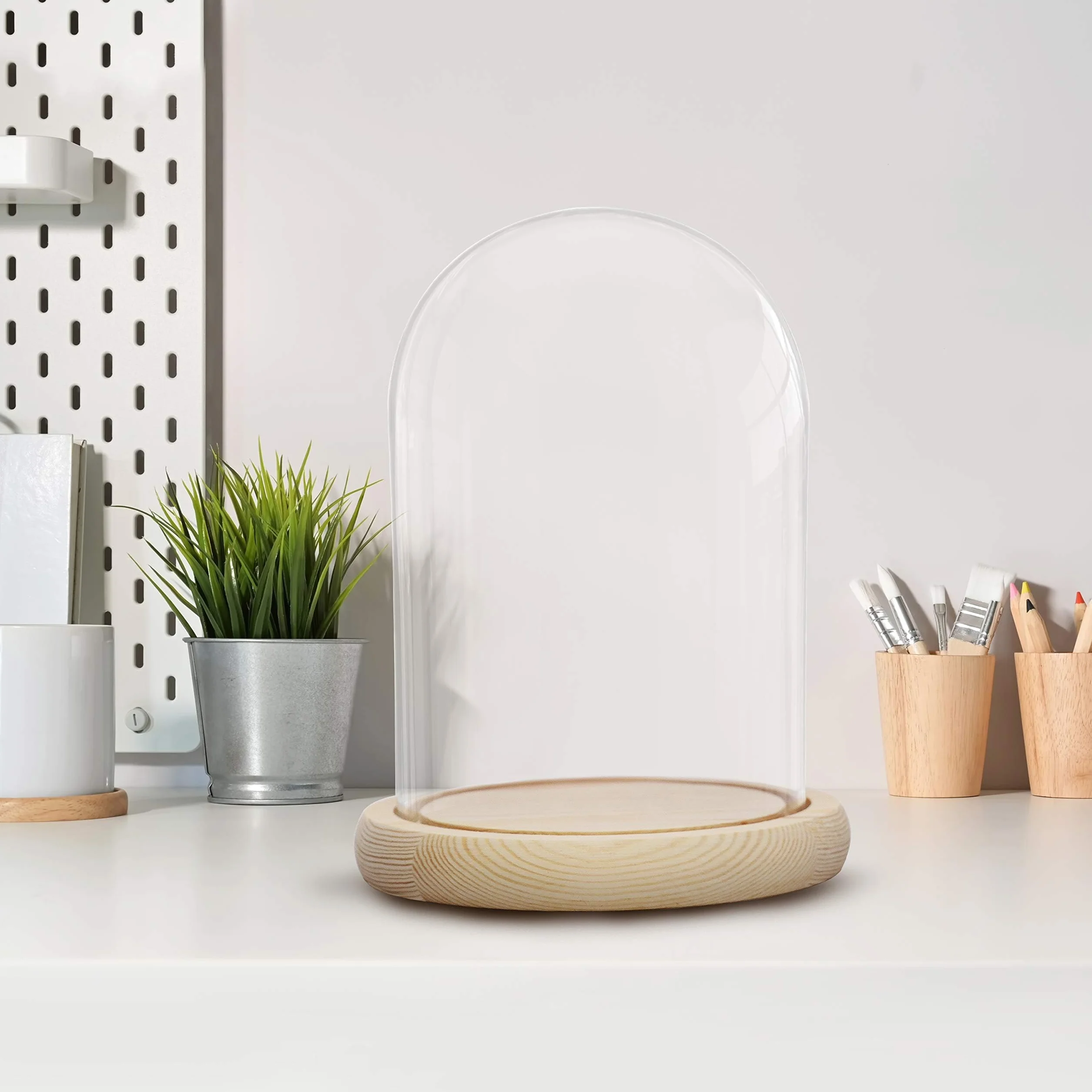 Belle Vous Szklany dzwonek z podstawą z naturalnego drewna - 20 cm - przezroczysty dekoracyjny szklany dzwonek z drewnianą tacą do świateł, dekoracji stołów, antyków