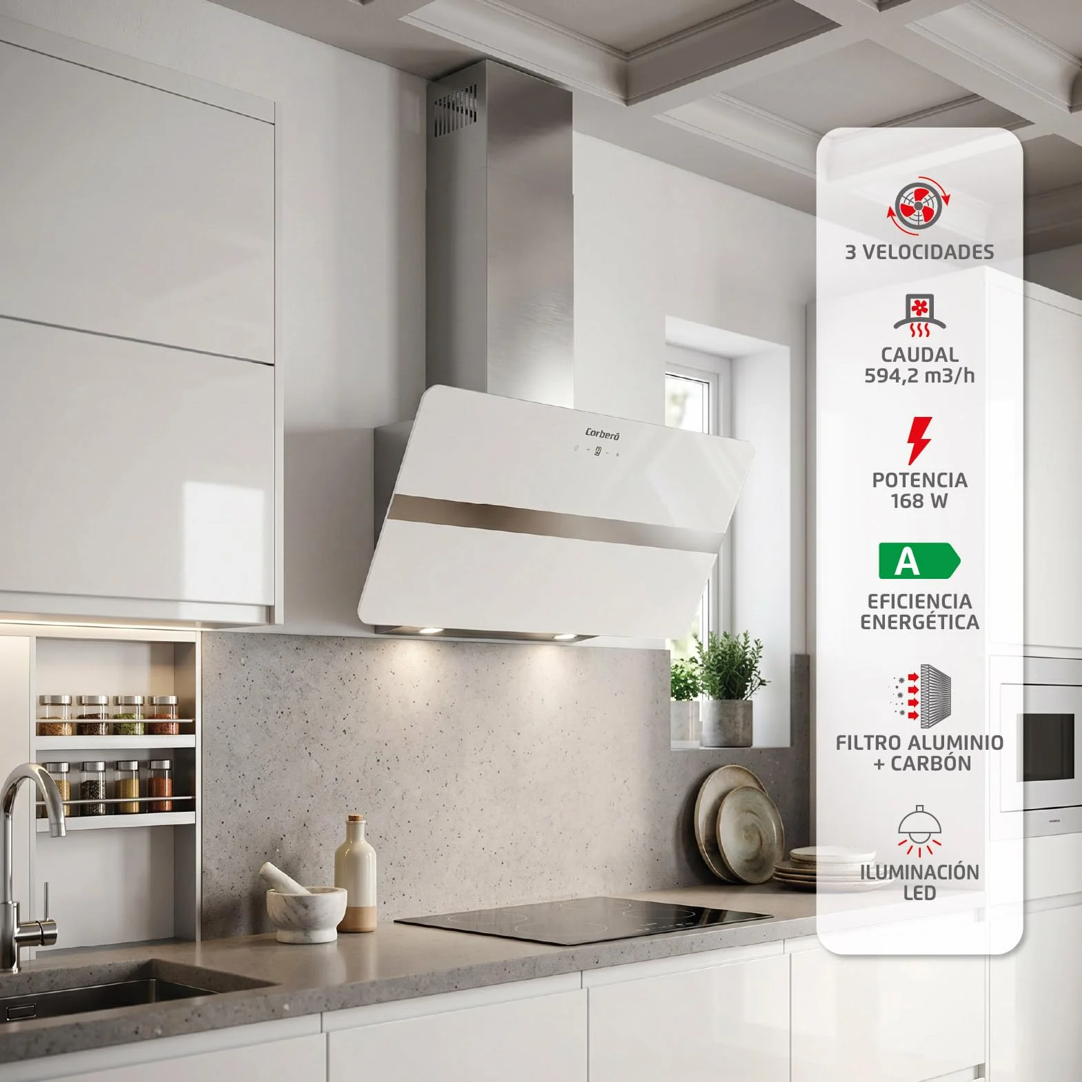 Corberó VicTORIA960W Dekoracyjny Dzwonek, 90 cm, 165 W, 3 prędkości, Control Touch, Przepływ 594,2 m3/h, kolor szkła hartowanego, 1 x filtr aluminiowy, filtr węglowy, energia A