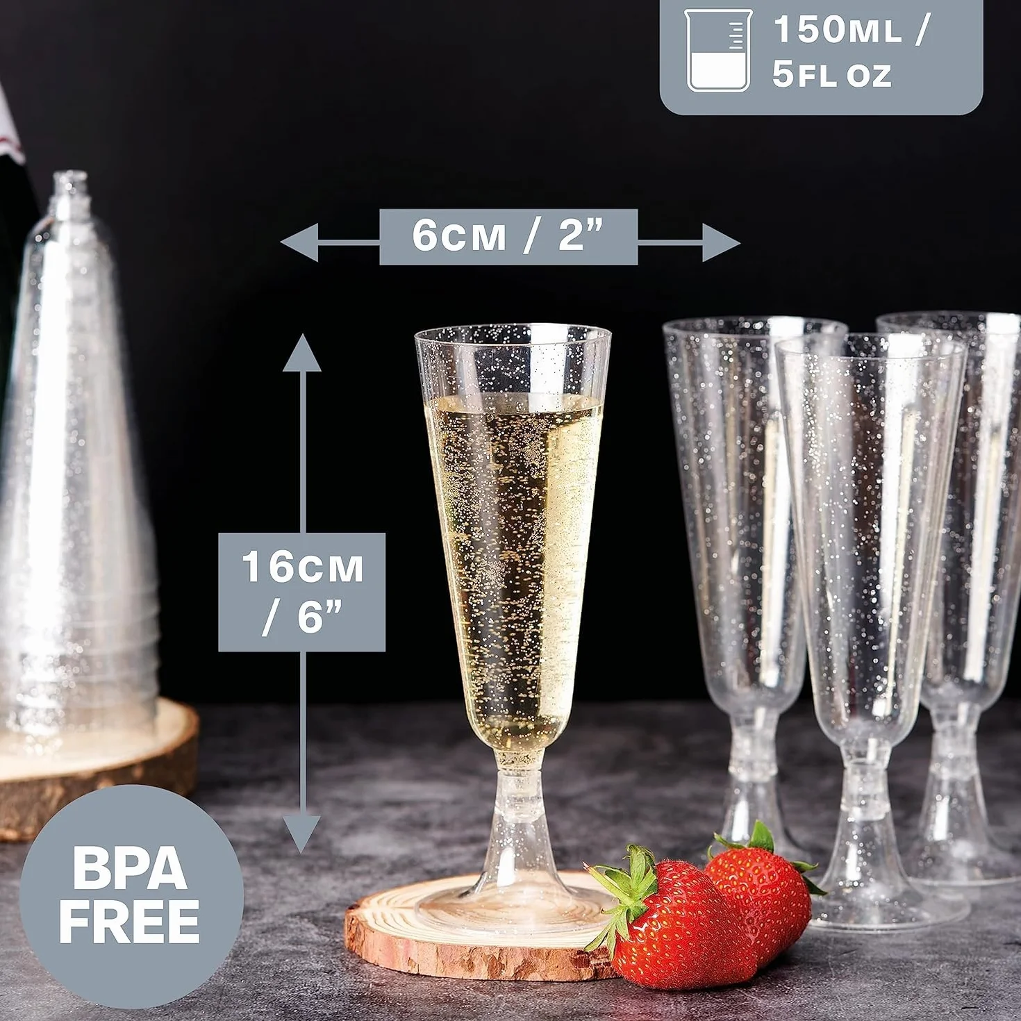 MATANA 24 plastikowe kieliszki do szampana premium ze srebrnym brokatem, 150 ml – kieliszki do tostów wielokrotnego użytku, kieliszki do koktajli Prosecco na wesela, urodziny, Boże Narodzenie, grill,