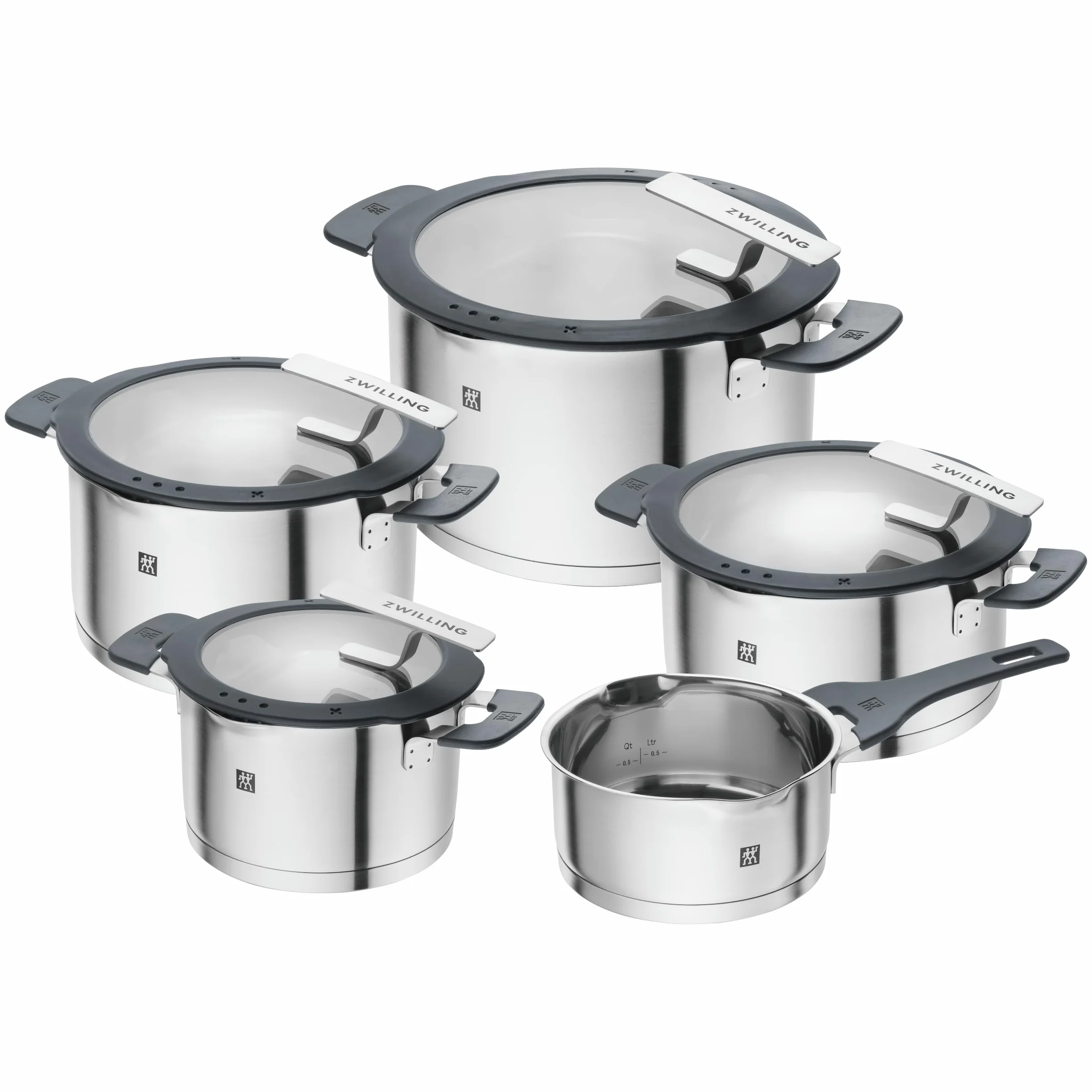 ZWILLING Simplify Edelstahl-Kochtopfset, 5-teilig, Mit integriertem Sieb im Deckel, Induktionsgeeignet, Silber-Schwarz