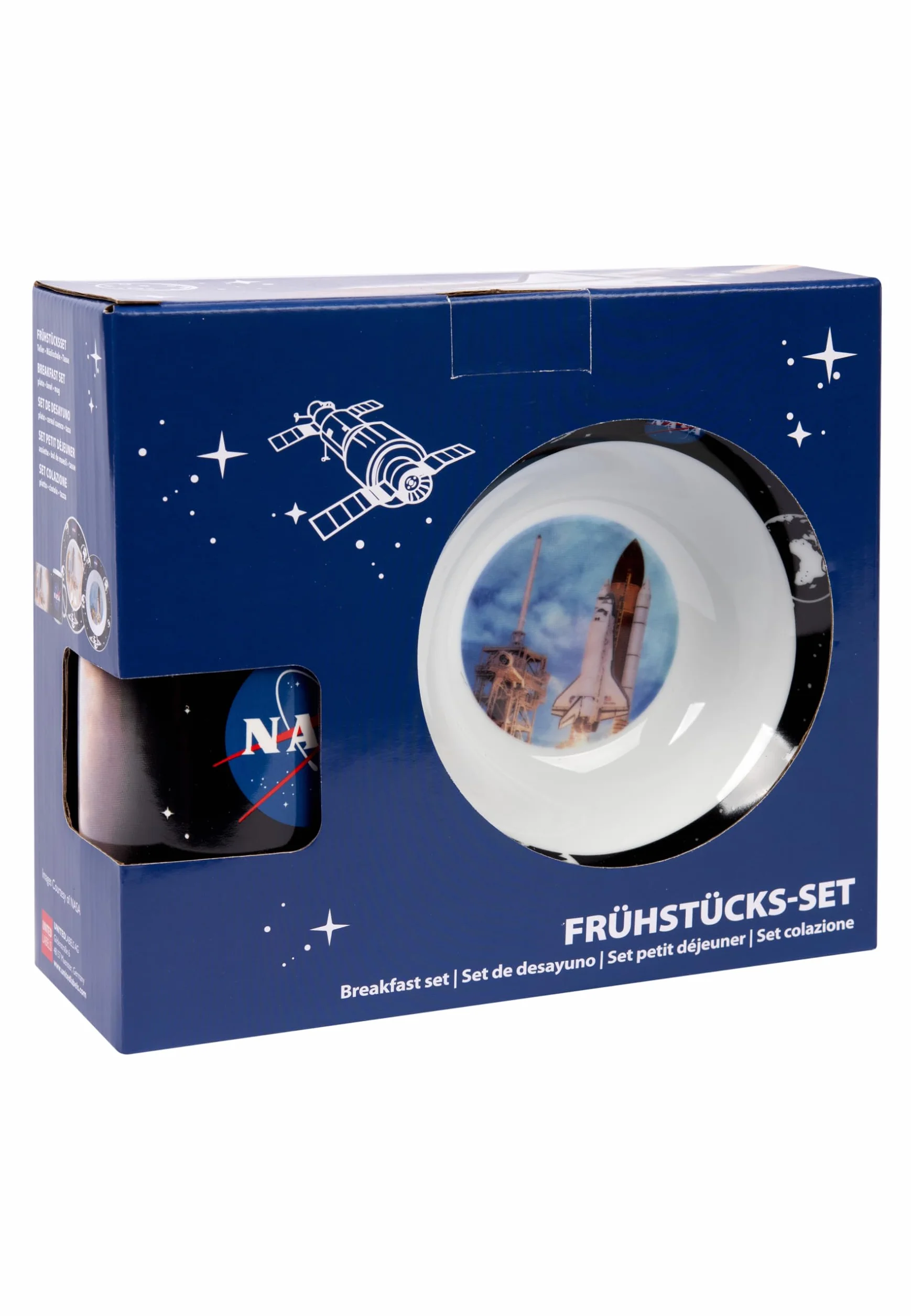 United Labels NASA 3-częściowy zestaw naczyń, czarno-niebieski, porcelanowy zestaw śniadaniowy z talerzem Ø 19 cm, filiżanka 220 ml i miska 330 ml, zestaw naczyń
