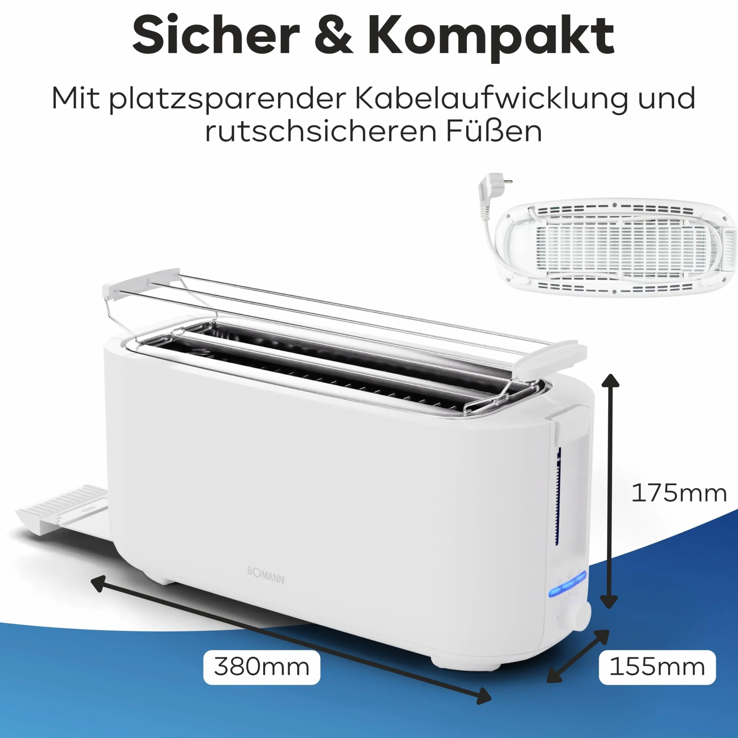 Bomann, Grille-Pain compact 2 tranches, Fonction Décongélation, Réchauffage, Arrêt rapide, Support pour petits pains, 1400W, TA6070CB, Blanc