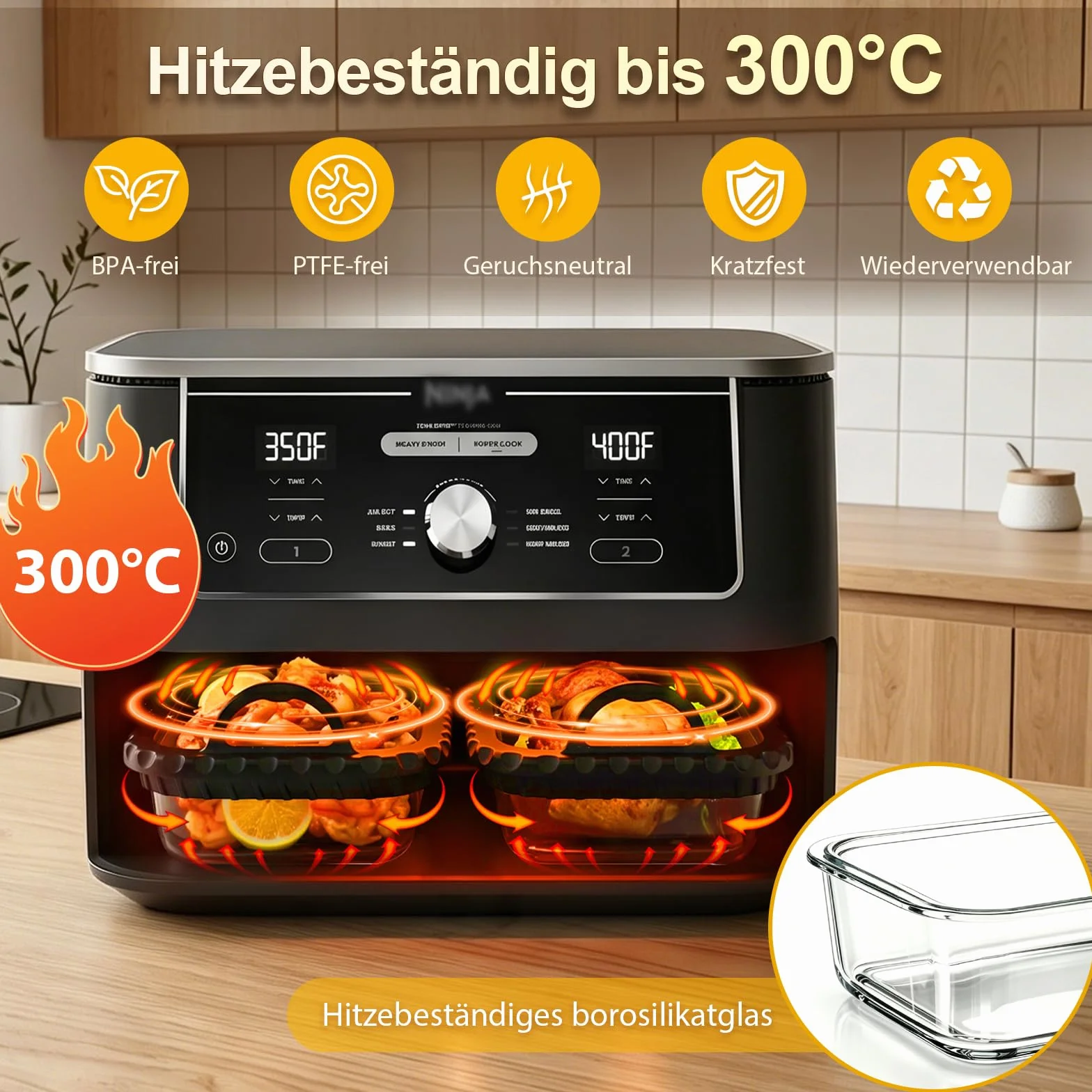 Taca ze szkła do Air Fryer, odporna na wysoką temperaturę, akcesoria do Air Fryer, szklana miska do Ninja AF500EU/AF400EU/SL400EU & COSORI 8,5L Frytkownica na gorące powietrze, nadaje się do mycia w
