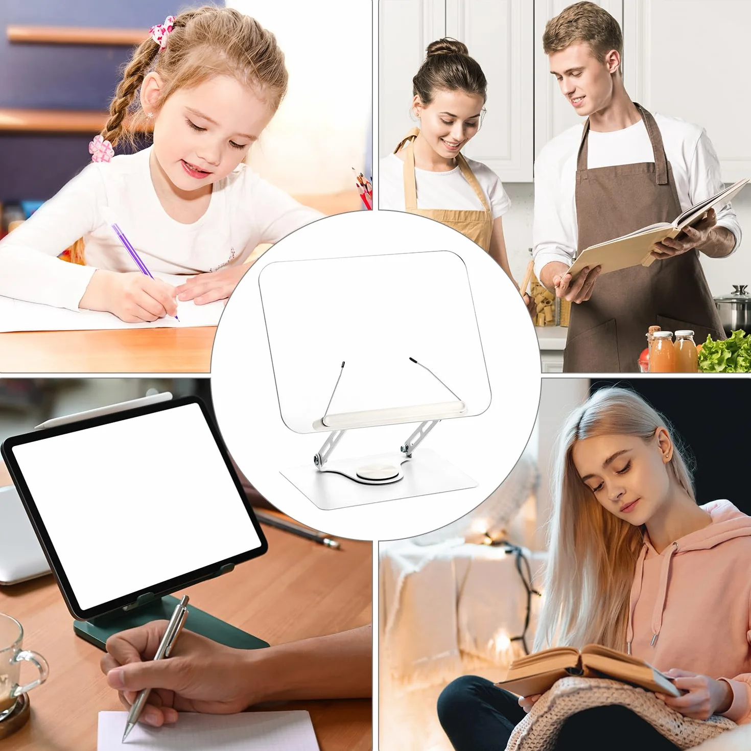 QWORK® Stojak do czytania książek, obracany o 360°, składany, regulowany kąt i wysokość, nośność ok. 5 kg, kompatybilna z telefonami komórkowymi, tabletami, laptopami