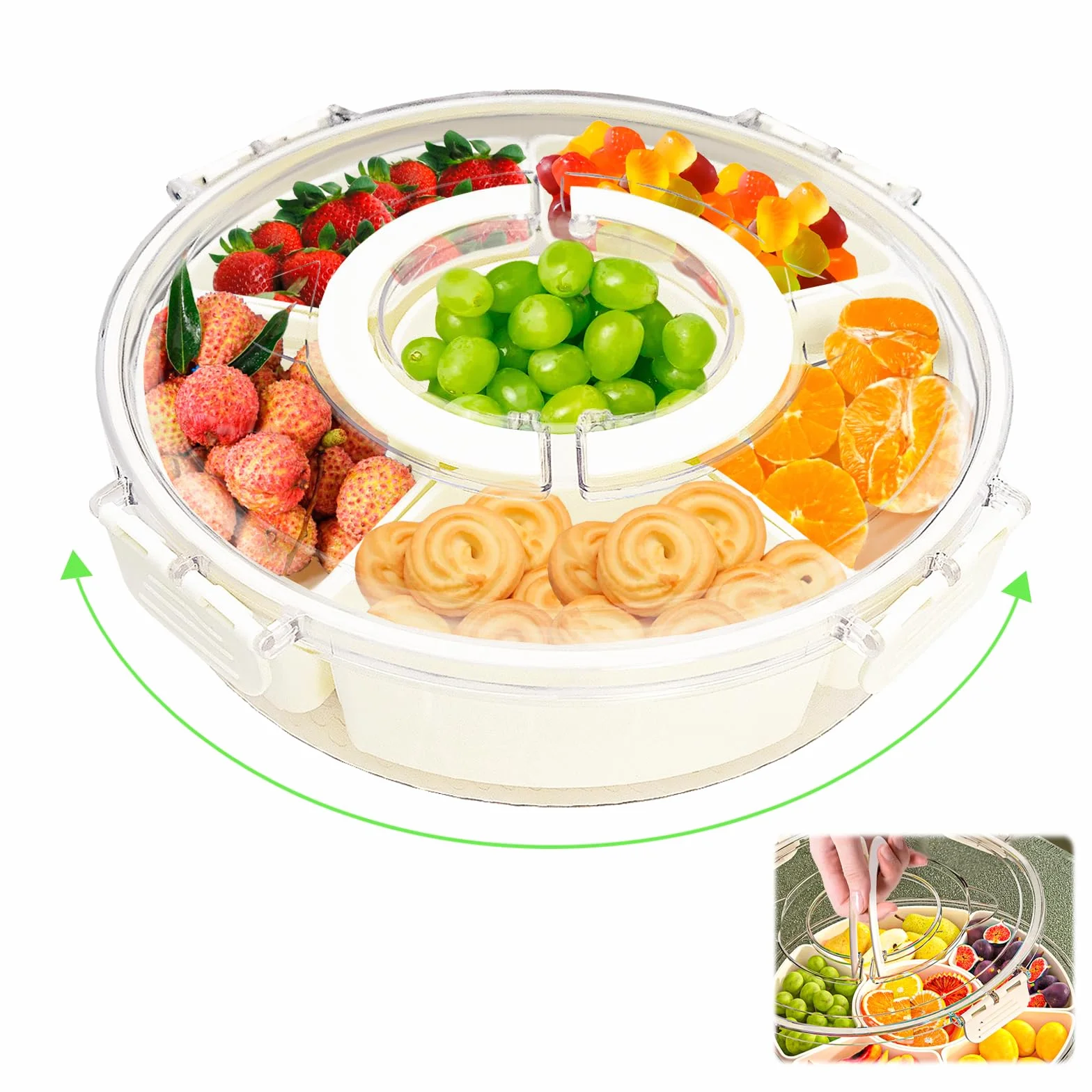 Okrągłe pudełko na przekąski z pokrywką, pojemnik na przekąski z 6 przegródkami, 27 cm, obracany o 360°, pojemnik na przekąski z pokrywką i uchwytem, na imprezę i piknik, słodycze, orzechy