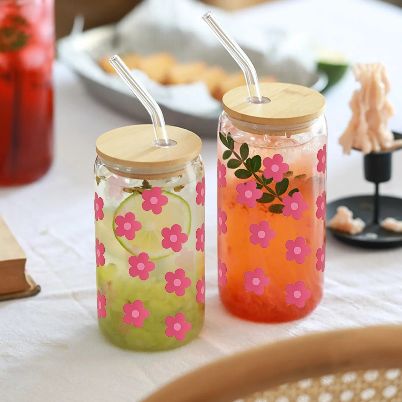 KATIMI Szklany kubek z kwiatami z pokrywką i słomką: 2 sztuki, 473 ml. Szklane kubki do bubble tea, kubeczki do lodów z pokrywką i słomką, różowy kubek z pokrywką i słomką do bubble tea, koktajlu