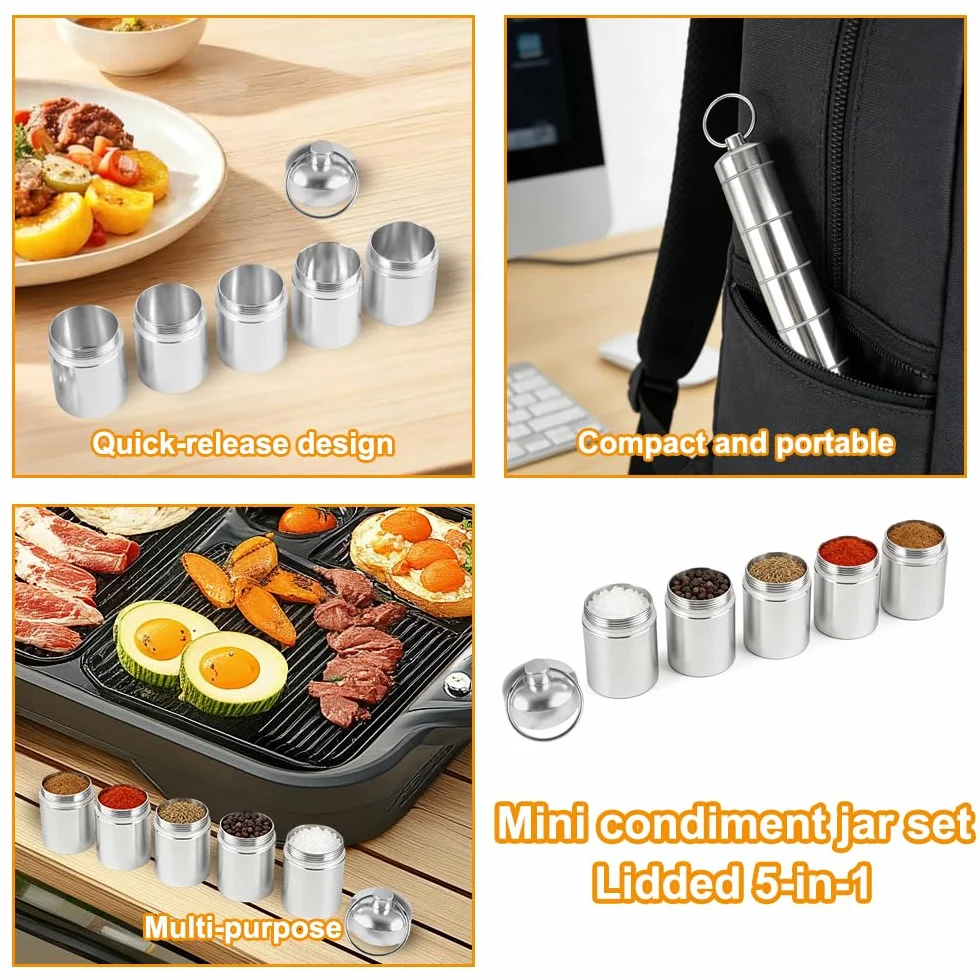 Zestaw 5 w 1 mini słoiczków na przyprawy, małe i lekkie aluminiowe pojemniki na przyprawy, ze stali nierdzewnej, przenośne pojemniki na przyprawy na świeżym powietrzu, na piknik, grill, podróż i do