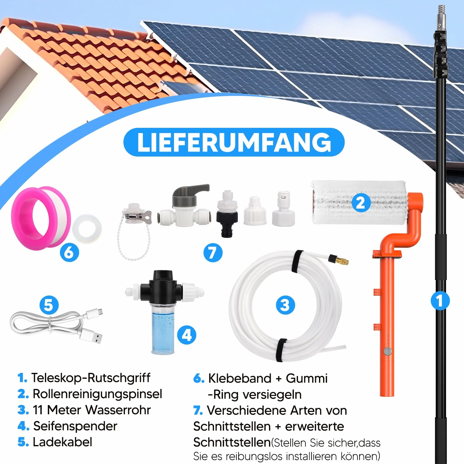 Teleskopowa szczotka elektryczna z uchwytem teleskopowym, 6,5 m, do czyszczenia instalacji PV, szczotką do mycia | wysuwane teleskopowe drążki do czyszczenia okien, dach