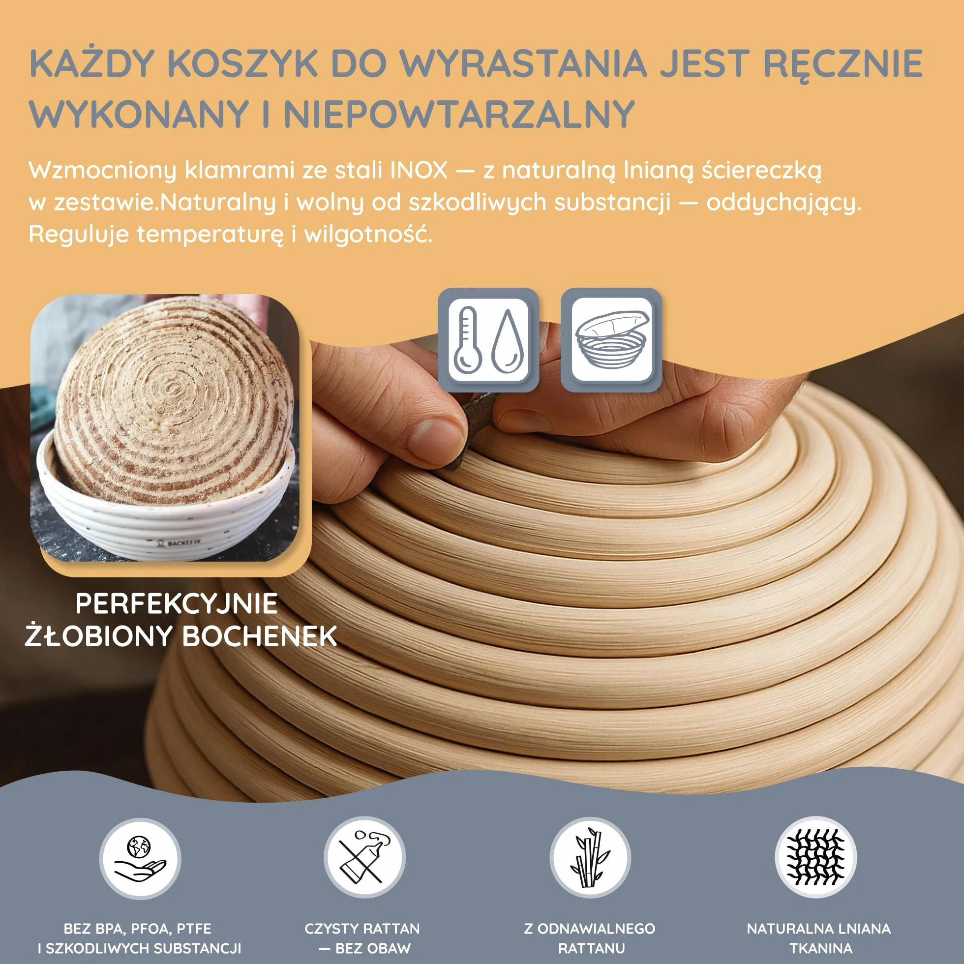 Backefix Koszyk do garowania chleba okrągły 25 cm wewnątrz mały 500 g do 1 kg chleba – zrównoważone i naturalne pieczenie chleba z koszem do garowania | koszyk do pieczenia chleba | odnawialna rura do