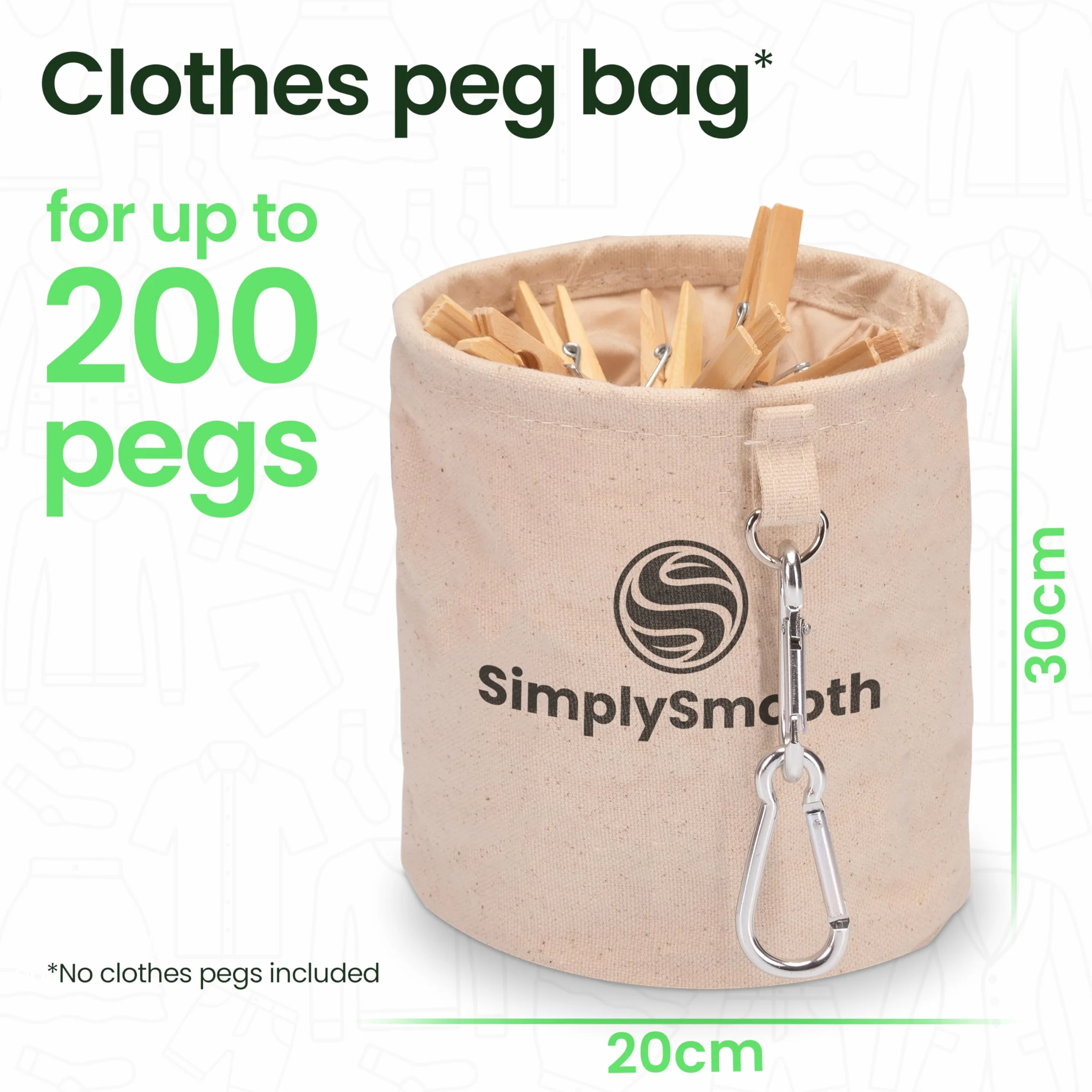 SimplySmooth Worek na spinacze XL na 200 spinaczy do bielizny – worek na klamerki ze 100% bawełny z bardzo dużymi karabińczykami do zawieszenia – kosz na spinacze do prania z zamknięciem